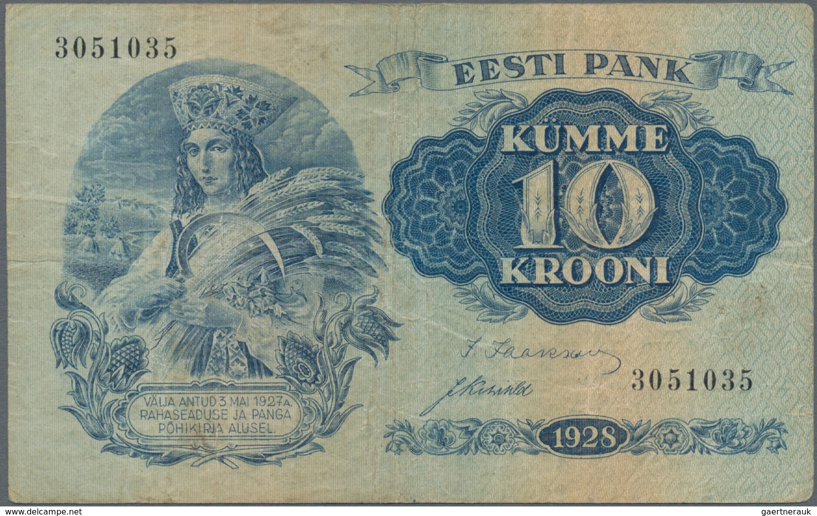 Estonia / Estland: Very nice set with 6 Banknotes series 1928-37 with 10 Krooni 1928 in about F, 5 a