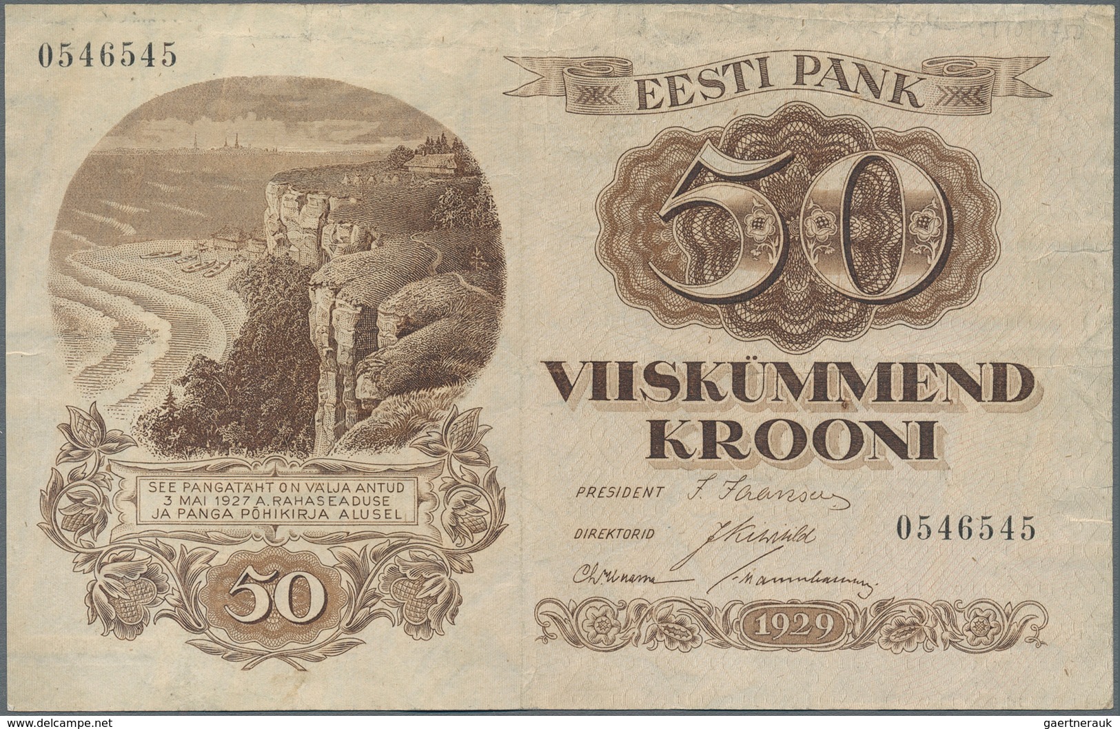 Estonia / Estland: Pair Of 20 Krooni 1932 P.64 In AUNC And 50 Krooni 1929 P.65 In F/F+. (2 Pcs.) - Estonia