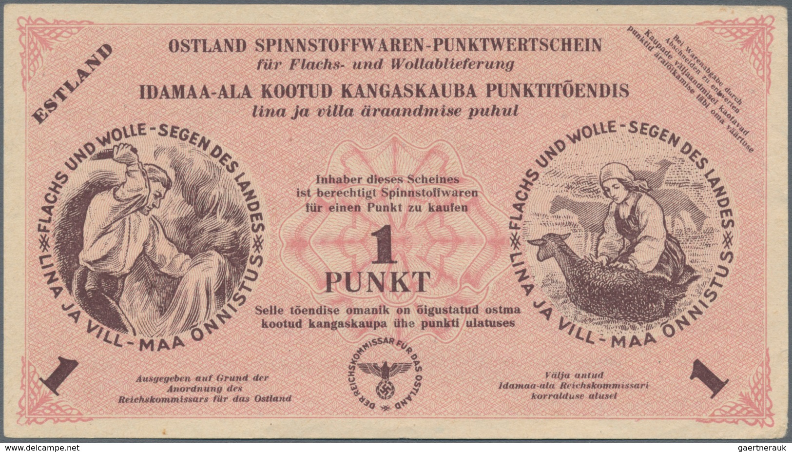 Estonia / Estland: Ostland Spinnstoffwaren-Punktwertschein 1 Punkt Dated April 30th 1945, P.NL (Schw - Estonia