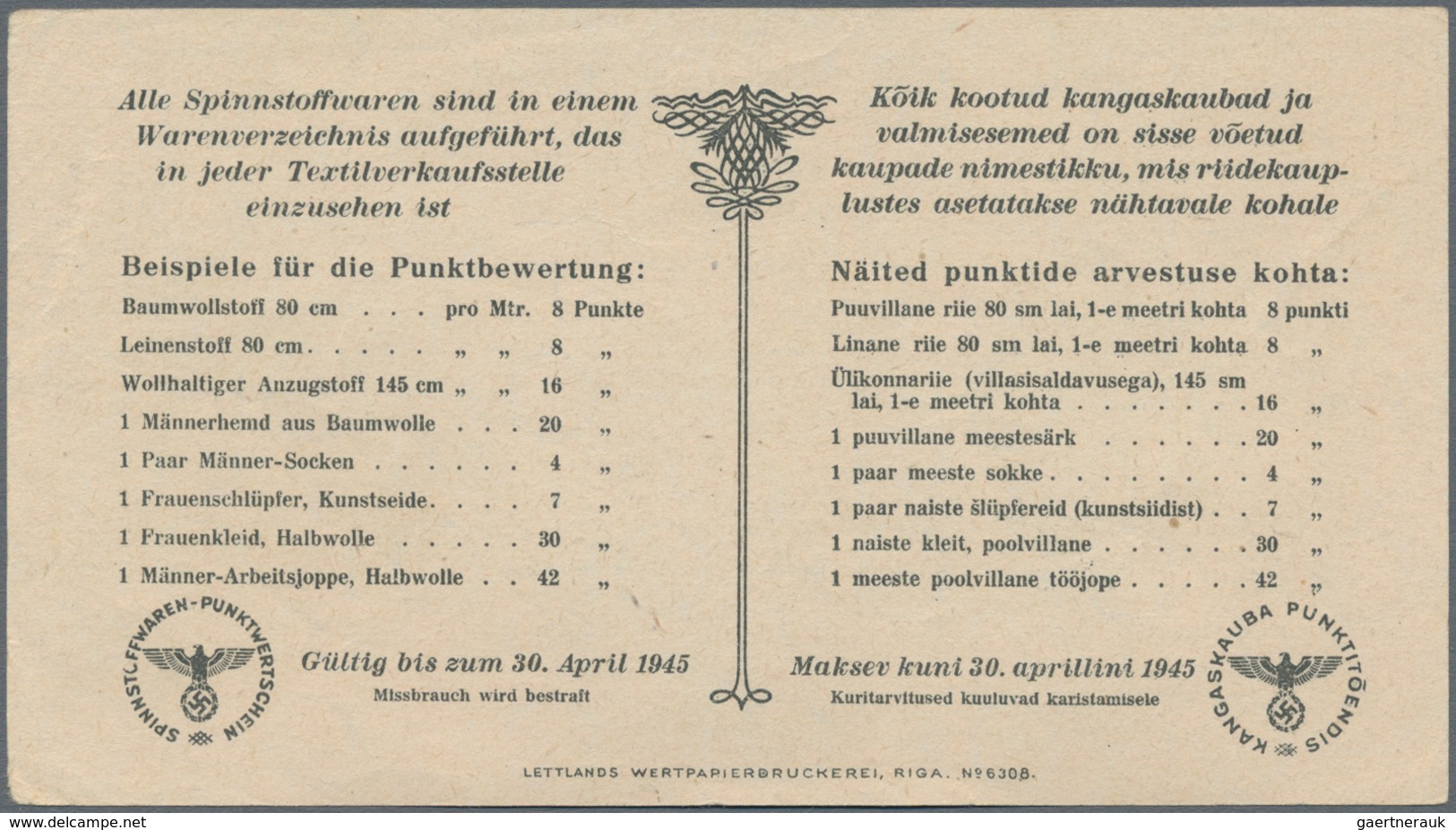 Estonia / Estland: Ostland Spinnstoffwaren-Punktwertschein 1 Punkt Dated April 30th 1945, P.NL (Schw - Estland