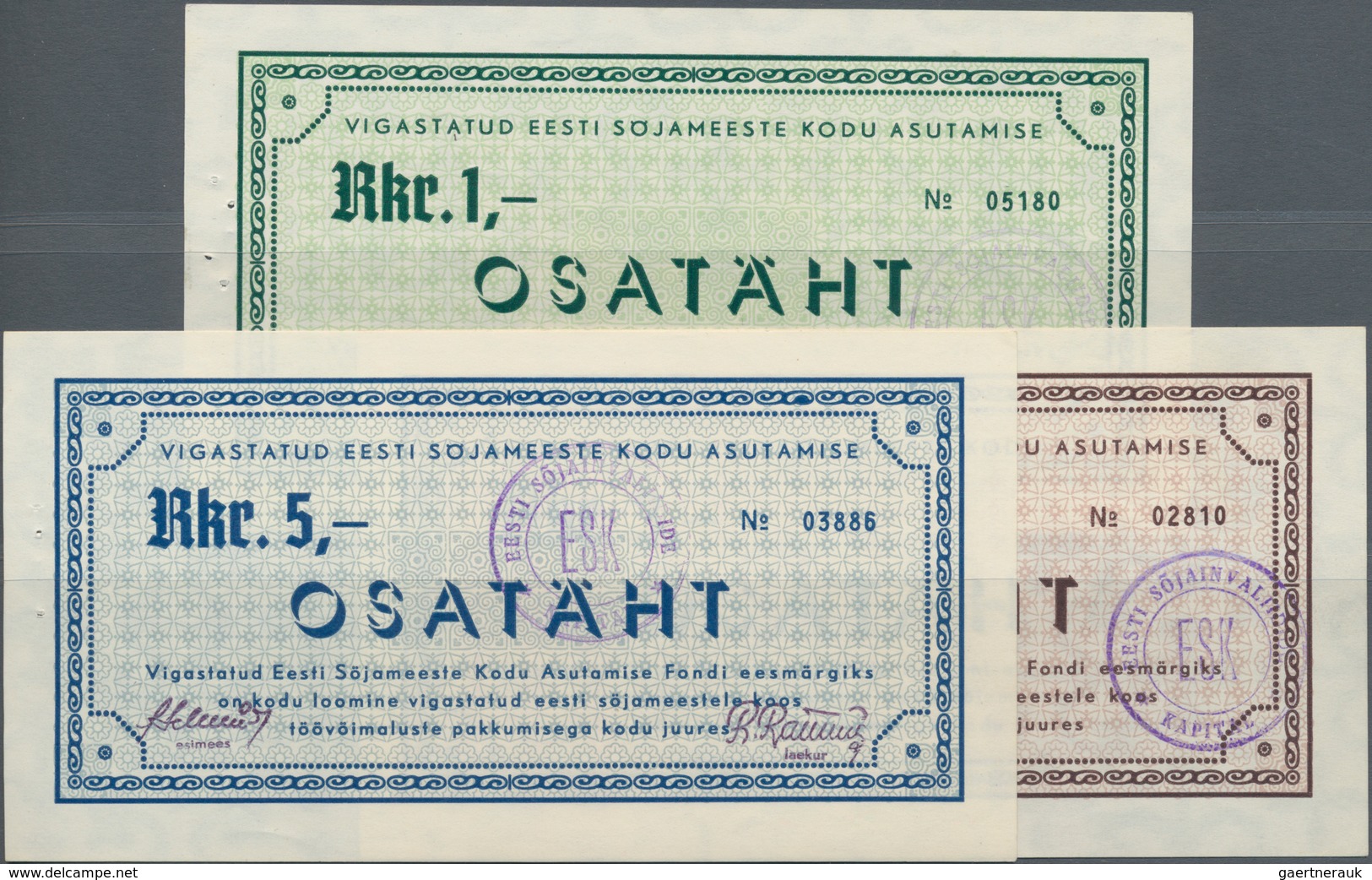 Estonia / Estland: Set With 3 Vouchers 1, 3 And 5 Rkr. OSATÄHT In UNC Condition. (3 Pcs.) - Estland