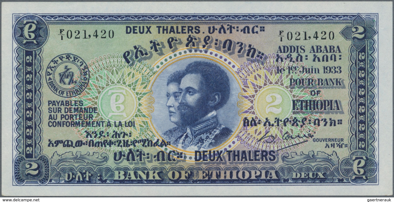 Ethiopia / Äthiopien: 2 Thalers 1933, P.6, Very Popular And Rare Banknote In Perfect UNC Condition. - Aethiopien