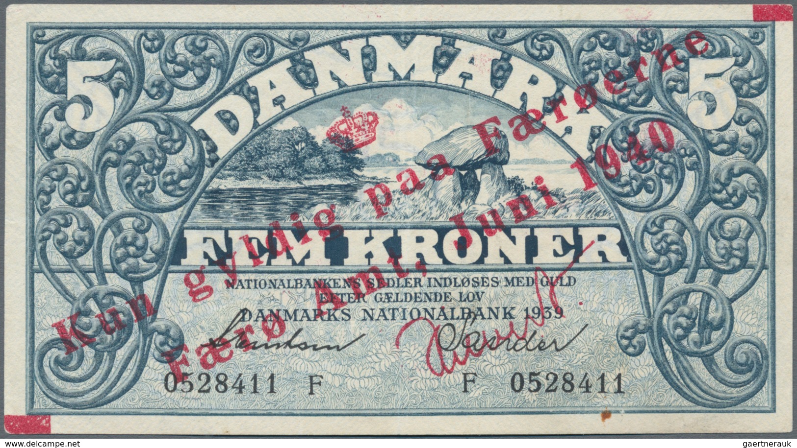 Faeroe Islands / Färöer: 1 Kroner 1940 Overprint On Denmark #30c, P.1b, Vertical Center Fold And Tin - Islas Faeroes