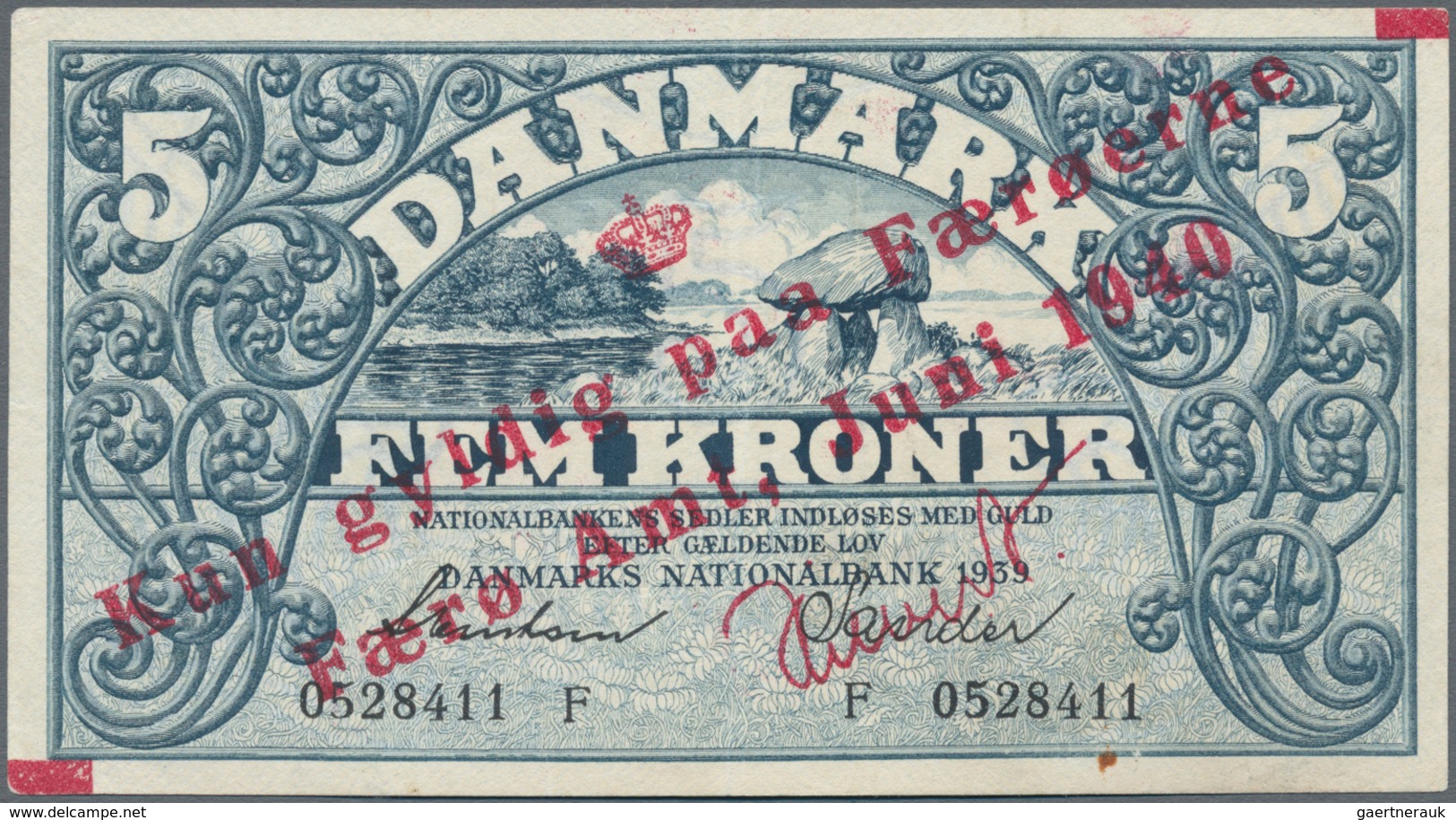Faeroe Islands / Färöer: 1 Kroner 1940 Overprint On Denmark #30c, P.1b, Vertical Center Fold And Tin - Faeroër
