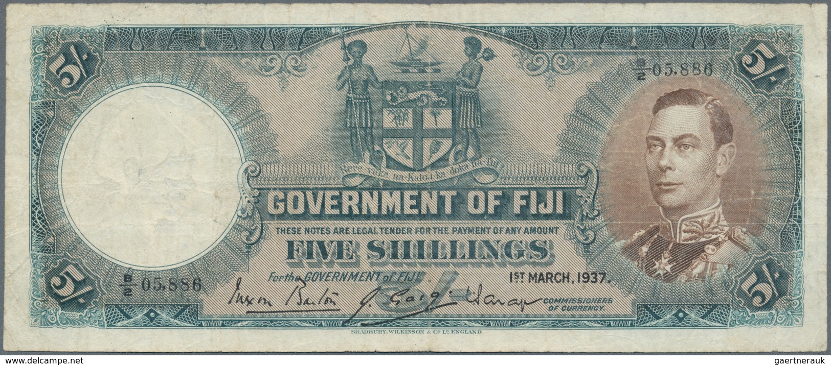 Fiji: Set Of 2 Banknotes Containing 5 Shillings 1938 P. 37a, First Issue Date, Portrait KGVI, Used W - Fiji