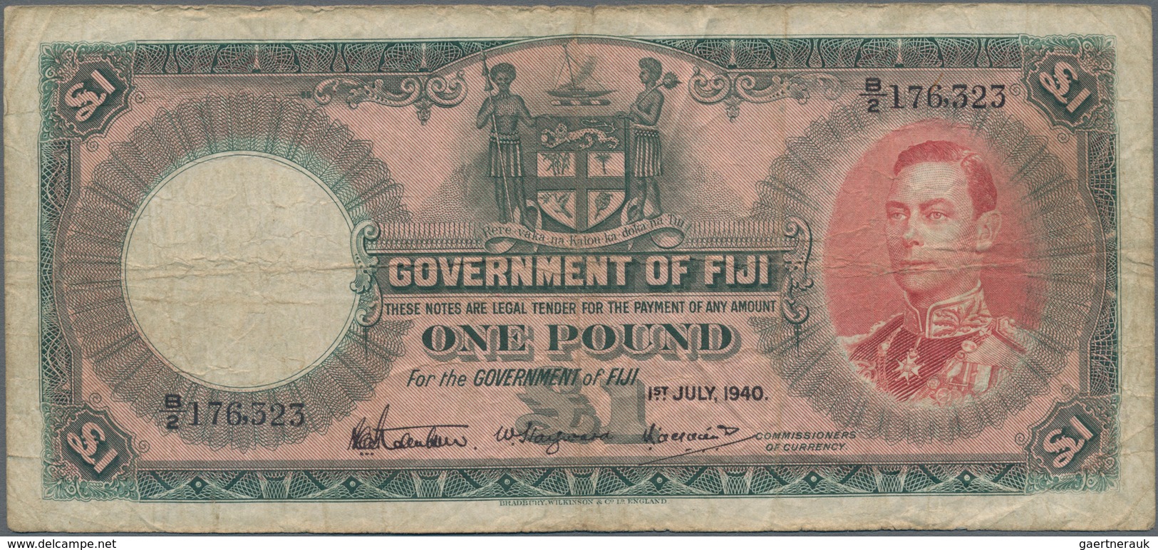 Fiji: Government Of Fiji 1 Pound 1940, P.39c, Minor Margin Splits, Stained Paper And Several Folds. - Fidschi