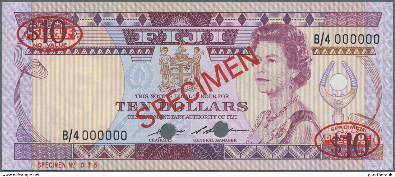 Fiji: 10 Dollars ND Specimen P. 84s With Red "Specimen" Overprint At Center On Front And Back, 2 Ova - Fiji