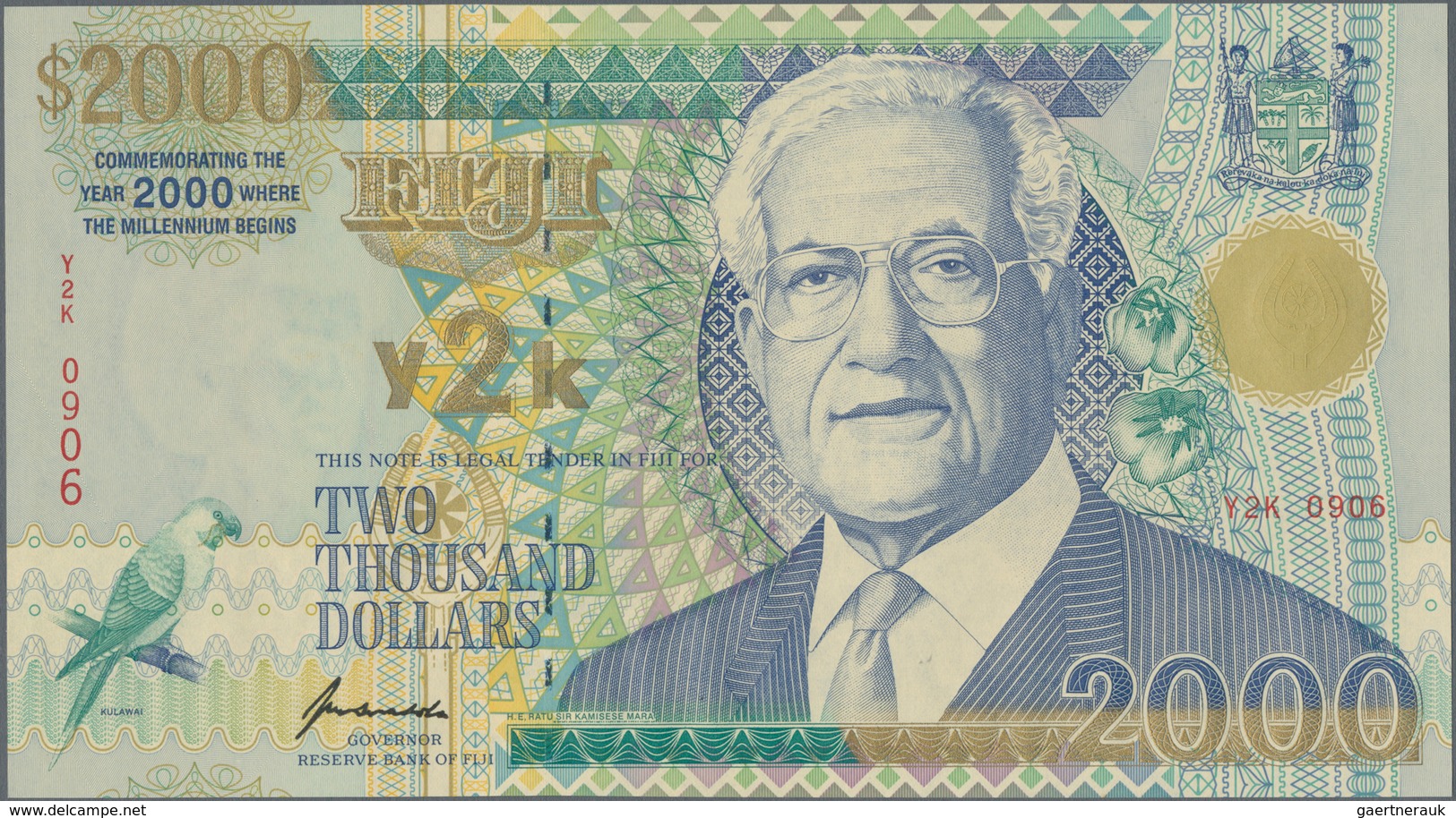 Fiji: Reserve Bank Of Fiji 2000 Dollars "Millennium" Commemorative Issue 2000, P.103, Highest Denomi - Fiji