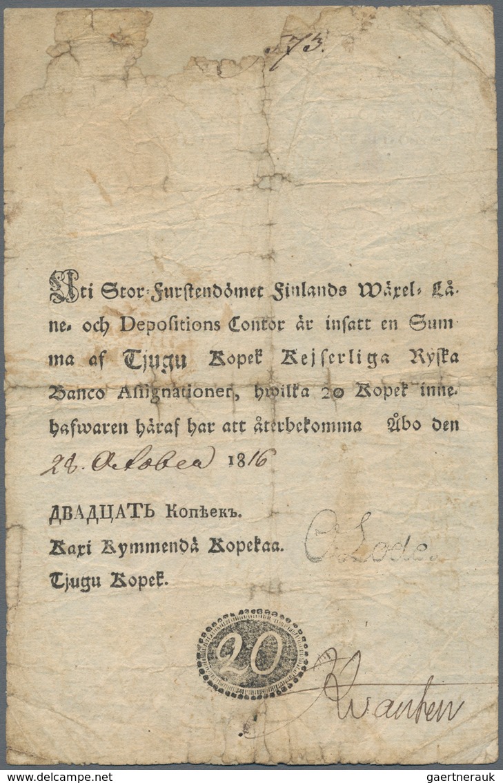 Finland / Finnland: Grand Duchy Of Finland's Draft, Loan And Depositions Office 20 Kopek 1816, P.A13 - Finlandia