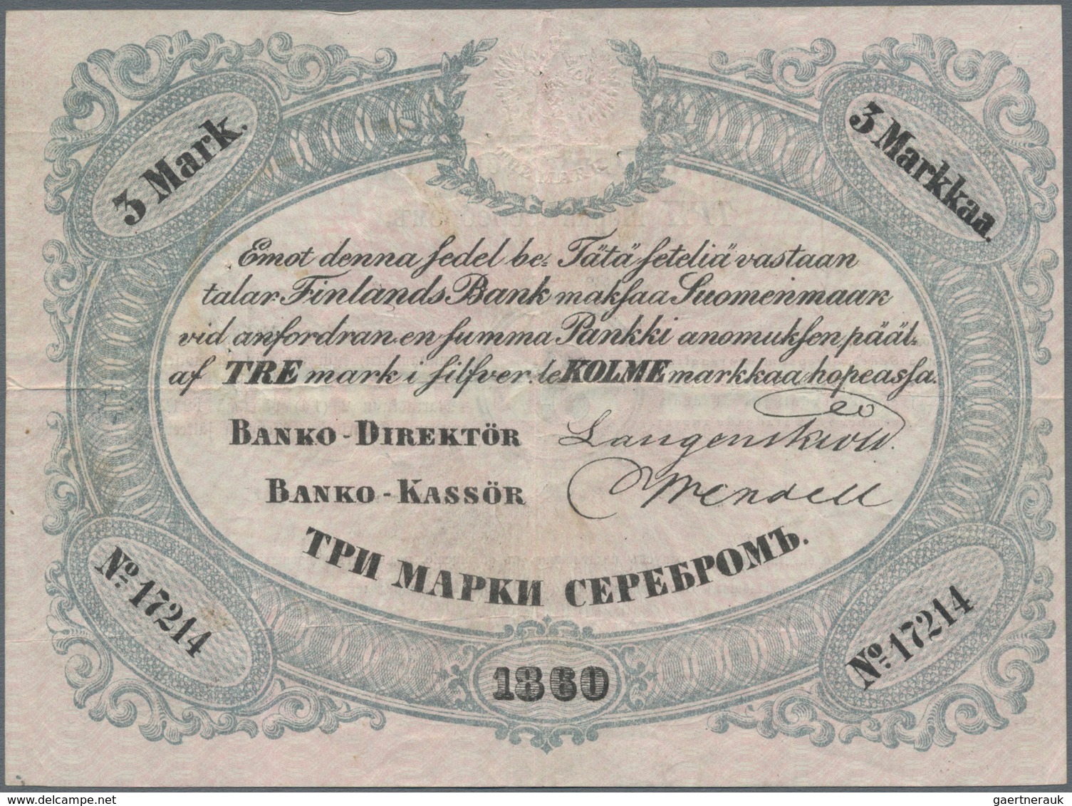 Finland / Finnland: 3 Markkaa 1860 Without Watermark, P.A34a, Highly Rare And Earyl Issue Of The Fin - Finland