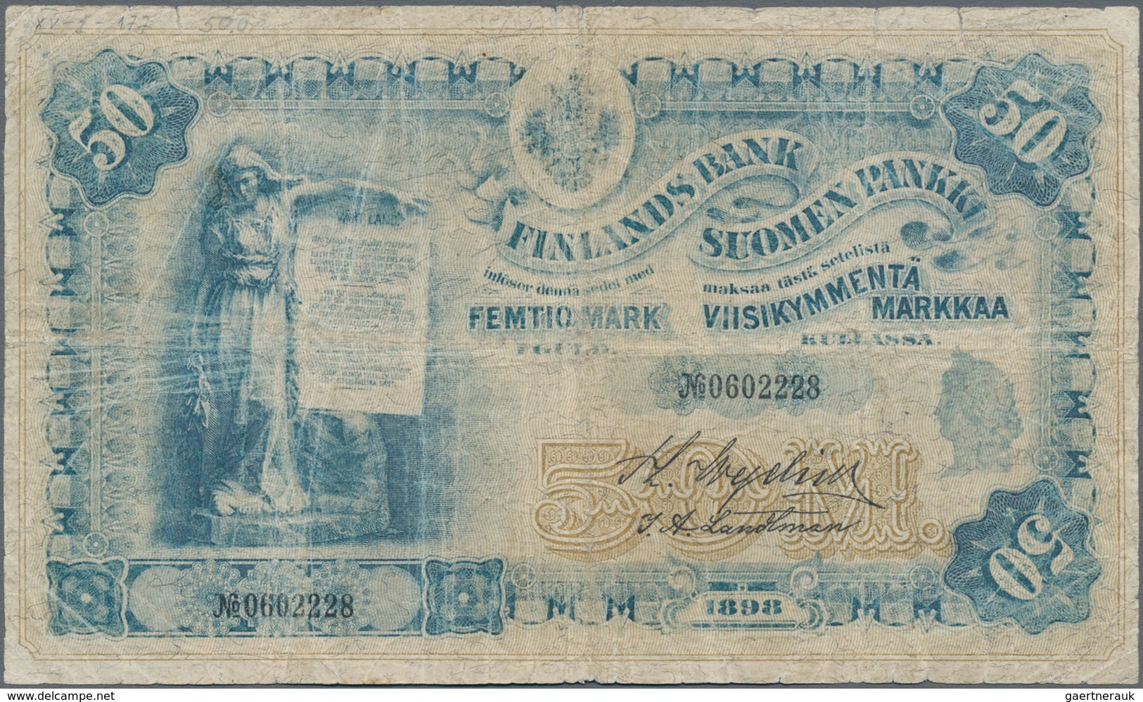 Finland / Finnland: 50 Markkaa 1898 With Signatures Wegelius And Landtman, P.6c, Still Nice Note Wit - Finlandia