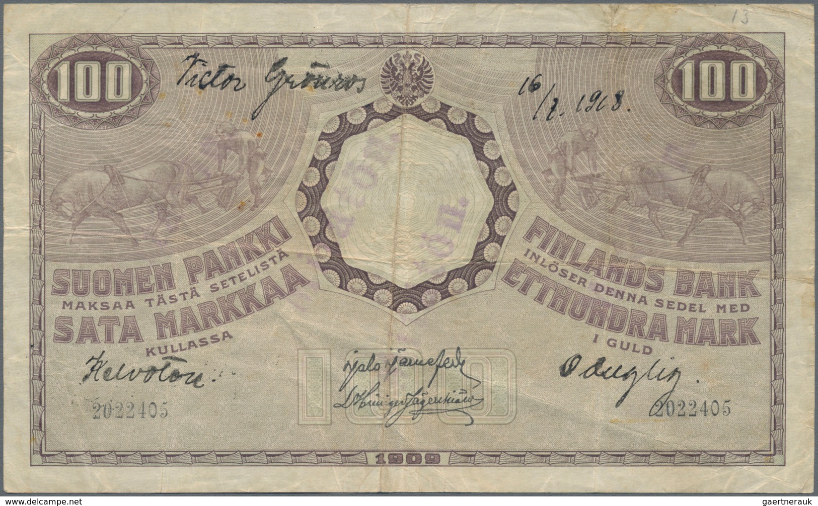 Finland / Finnland: 100 Markkaa 1908 With Signatures Järnefelt And Hilsinger-Jägerskiöld, P.13a, Sti - Finnland