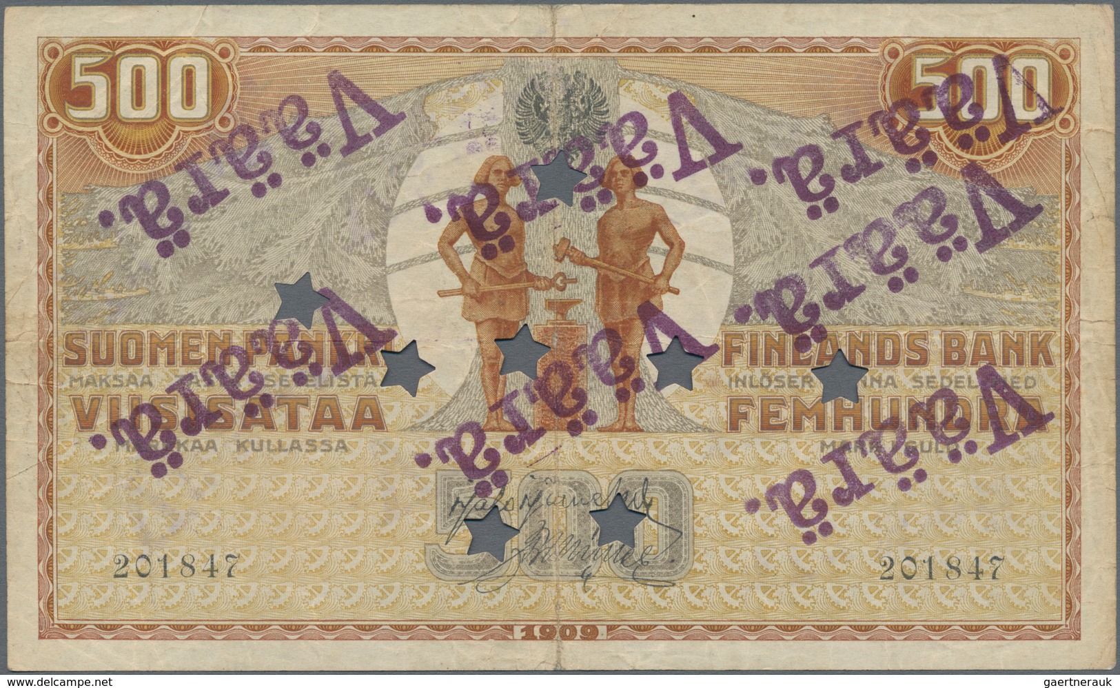 Finland / Finnland: 500 Markkaa 1909, P.23 With Star Hole Cancellation And Several Stamps "VÄÄRÄ" (c - Finlandia