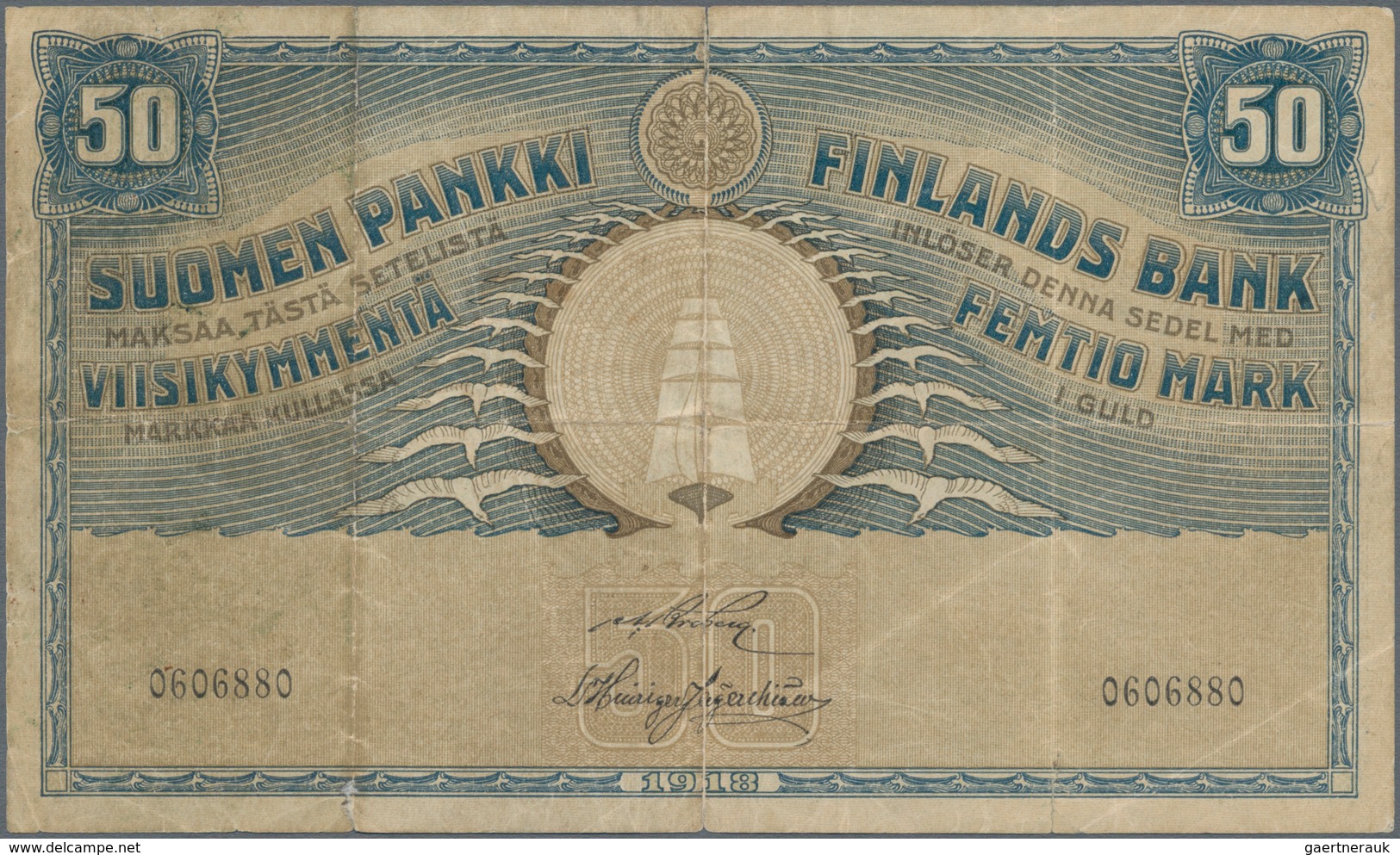 Finland / Finnland: 50 Markkaa 1918, P.39, Lightly Stained At Left And Some Small Border Tears. Cond - Finlandia