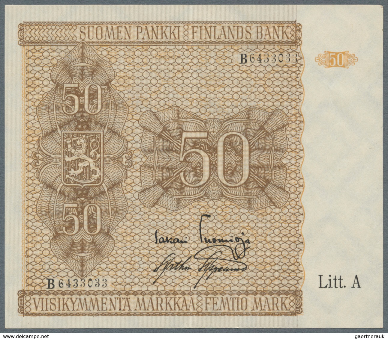 Finland / Finnland: 50 Markkaa 1945 Litt. A, P.79A, Traces Of A Paper Clip At Upper Margin And Verti - Finlandia