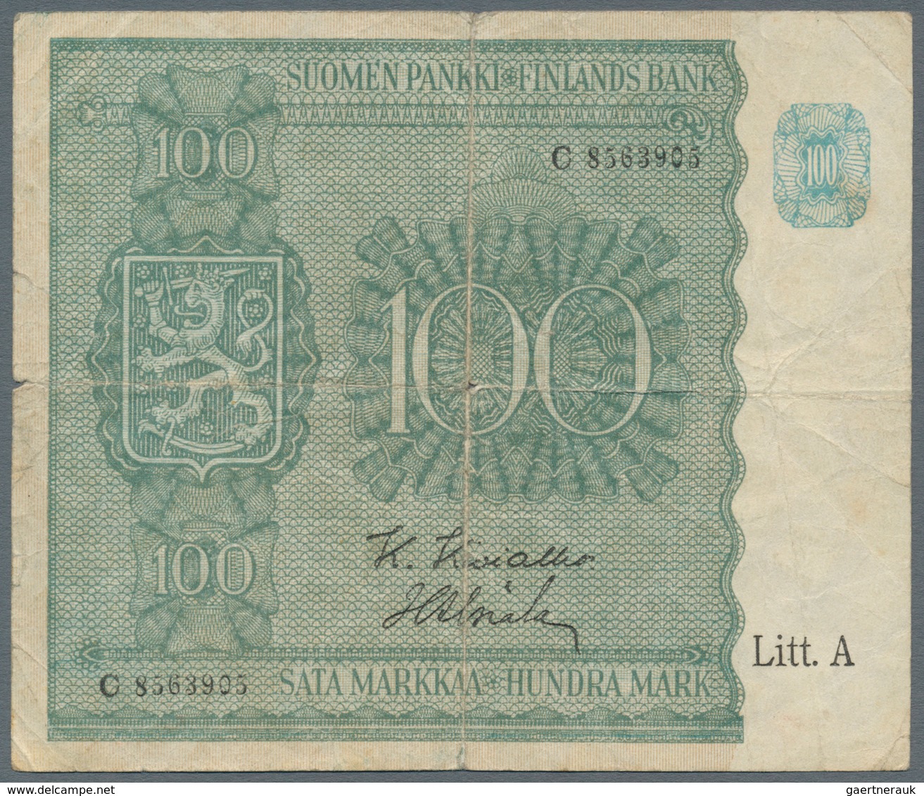 Finland / Finnland: Nice set with 3 x 100 Markkaa 1945 Litt. A P.80A in F-/F and 2 x 50 Markkaa 1945