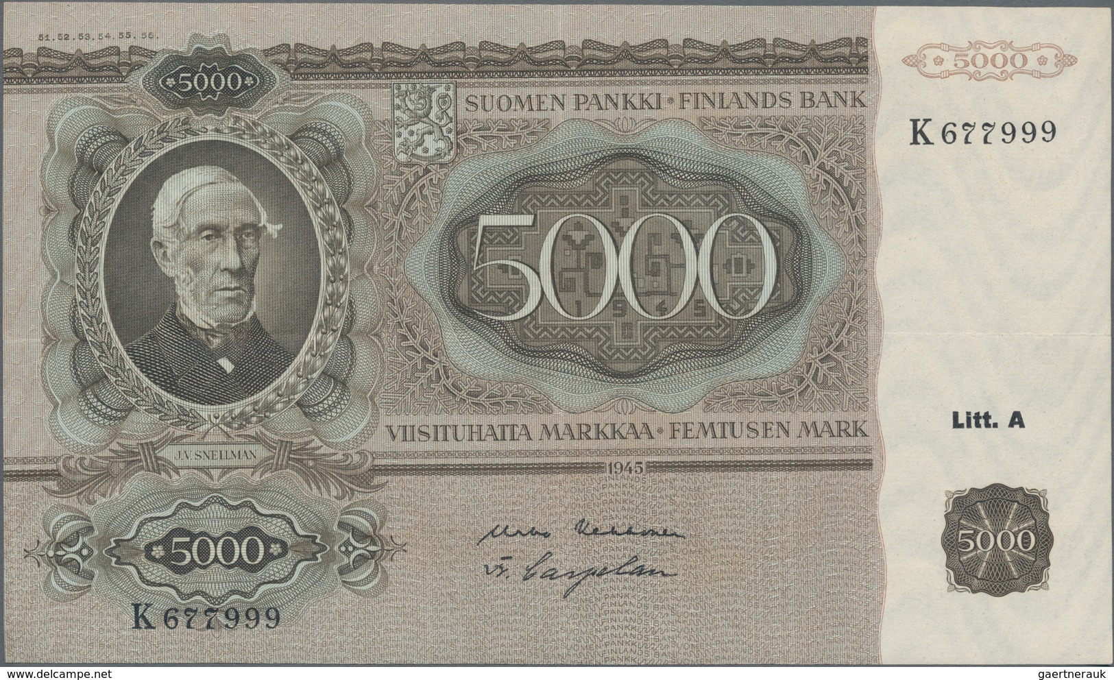 Finland / Finnland: 5000 Markkaa 1945, Litt. A, P.83, Outstanding Condition With Strong Paper And Br - Finland