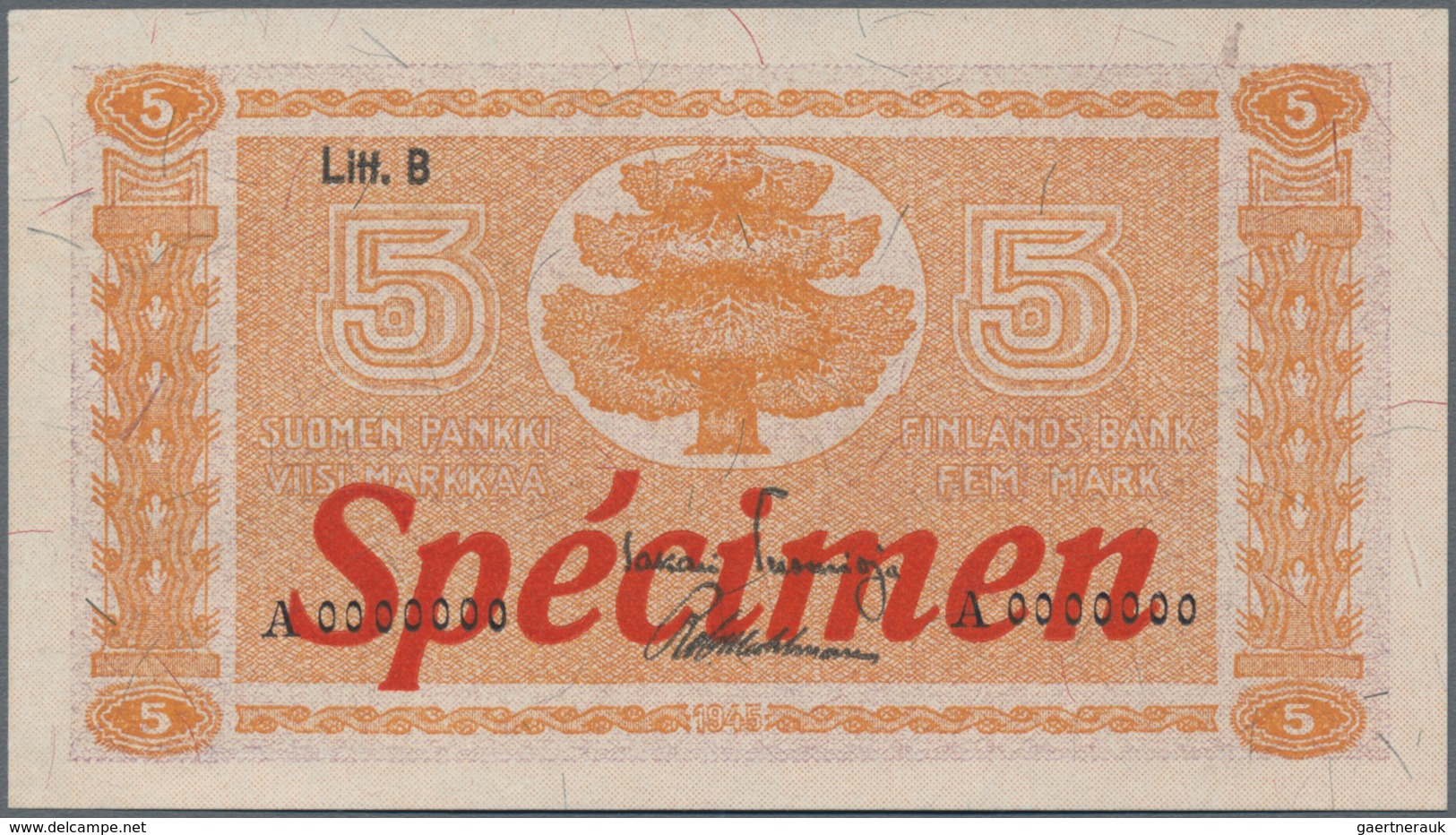 Finland / Finnland: 5 Markkaa 1945, Litt. B, SPECIMEN, P.84s, Almost Perfect With A Soft Vertical Be - Finnland