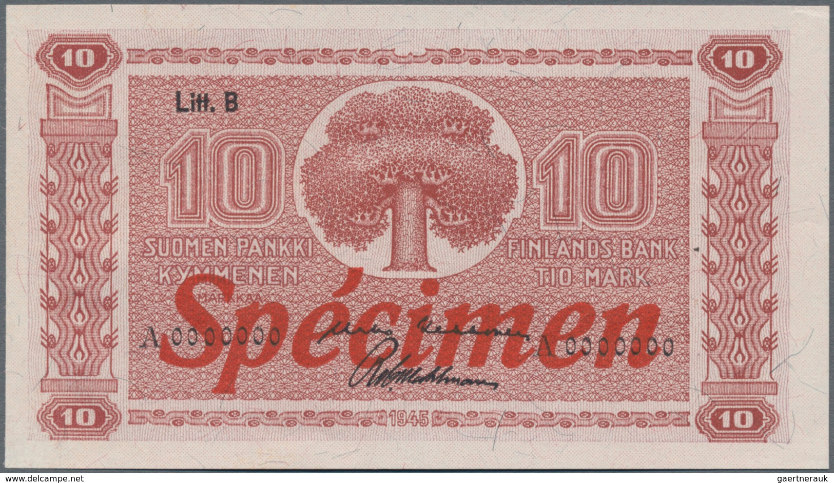 Finland / Finnland: 10 Markkaa 1945, Litt. B, SPECIMEN, P.85s In Perfect UNC Condition. Very Rare! - Finland