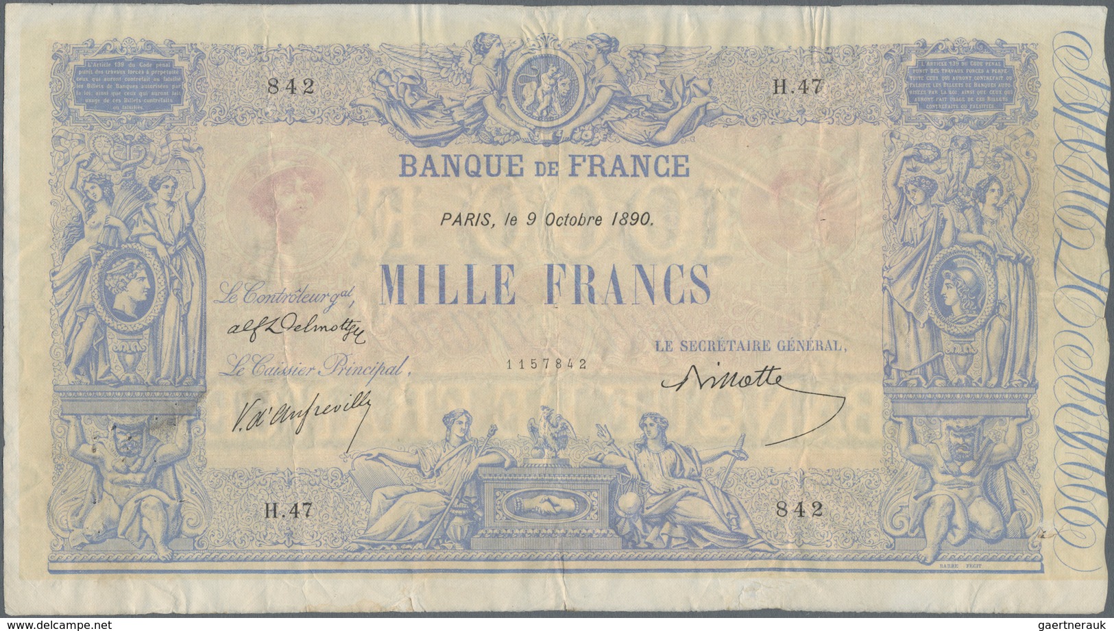 France / Frankreich: Banque De France 1000 Francs October 9th 1890 With Signatures: Delmotte, D'Anfr - Otros & Sin Clasificación