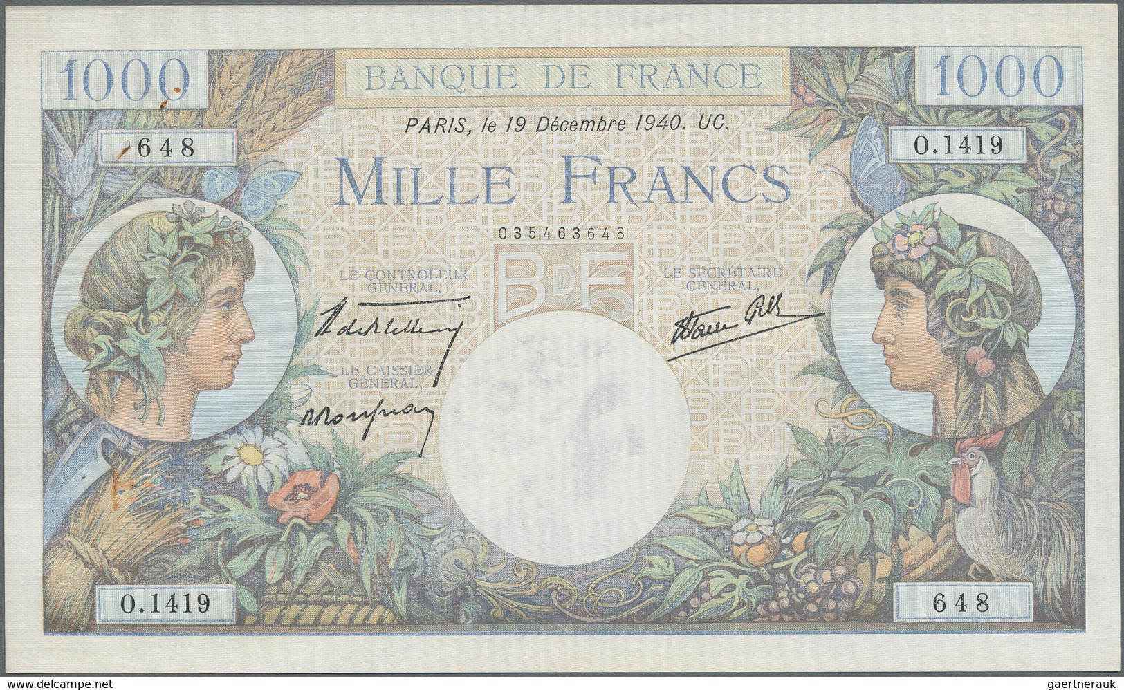 France / Frankreich: 1000 Francs 1940, P.96a, Almost Perfect Condition With A Few Pinholes At Left A - Sonstige & Ohne Zuordnung