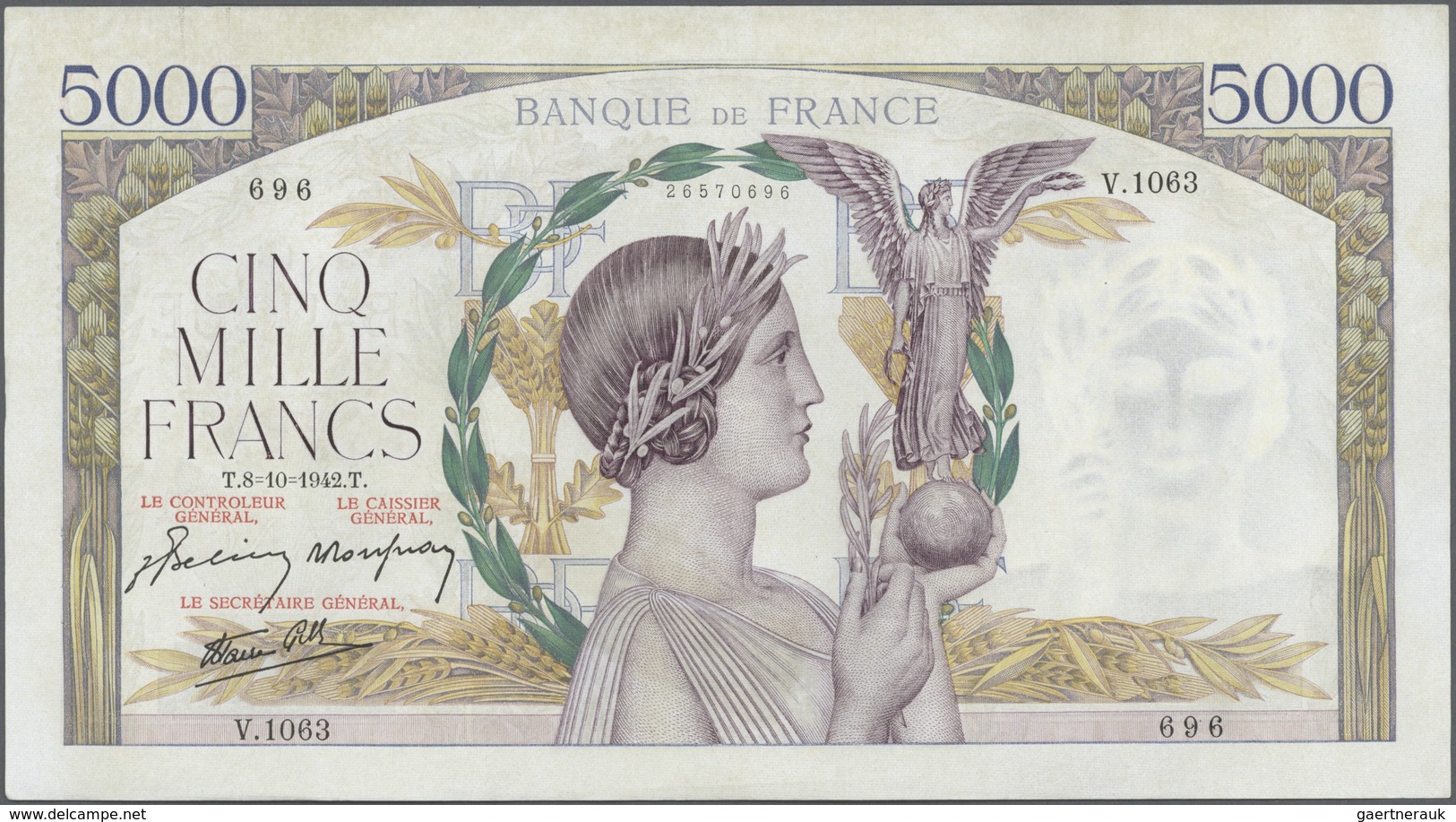 France / Frankreich: large lot of 25 MOSTLY CONSECUTIVE notes of 5000 Francs "Victoire" 1943 P. 97 n