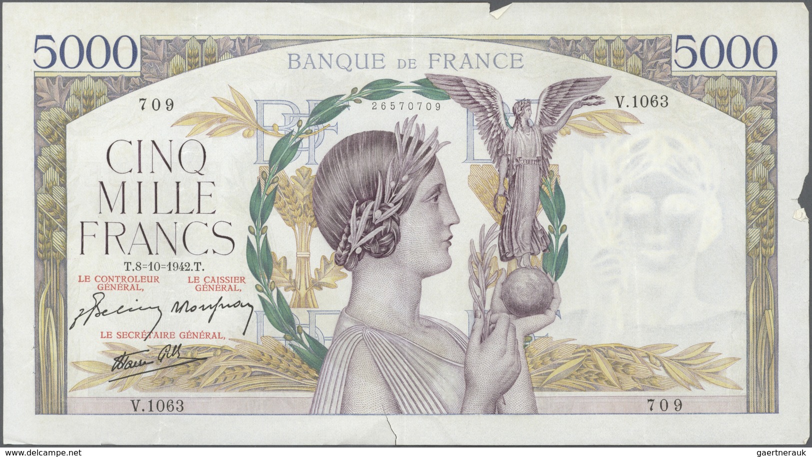 France / Frankreich: large lot of 25 MOSTLY CONSECUTIVE notes of 5000 Francs "Victoire" 1943 P. 97 n