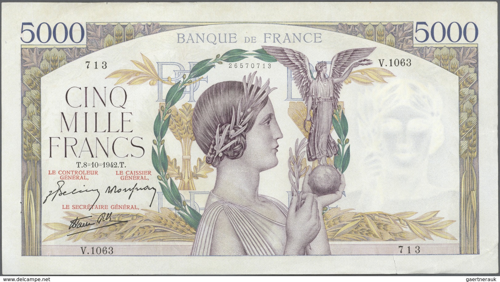 France / Frankreich: large lot of 25 MOSTLY CONSECUTIVE notes of 5000 Francs "Victoire" 1943 P. 97 n