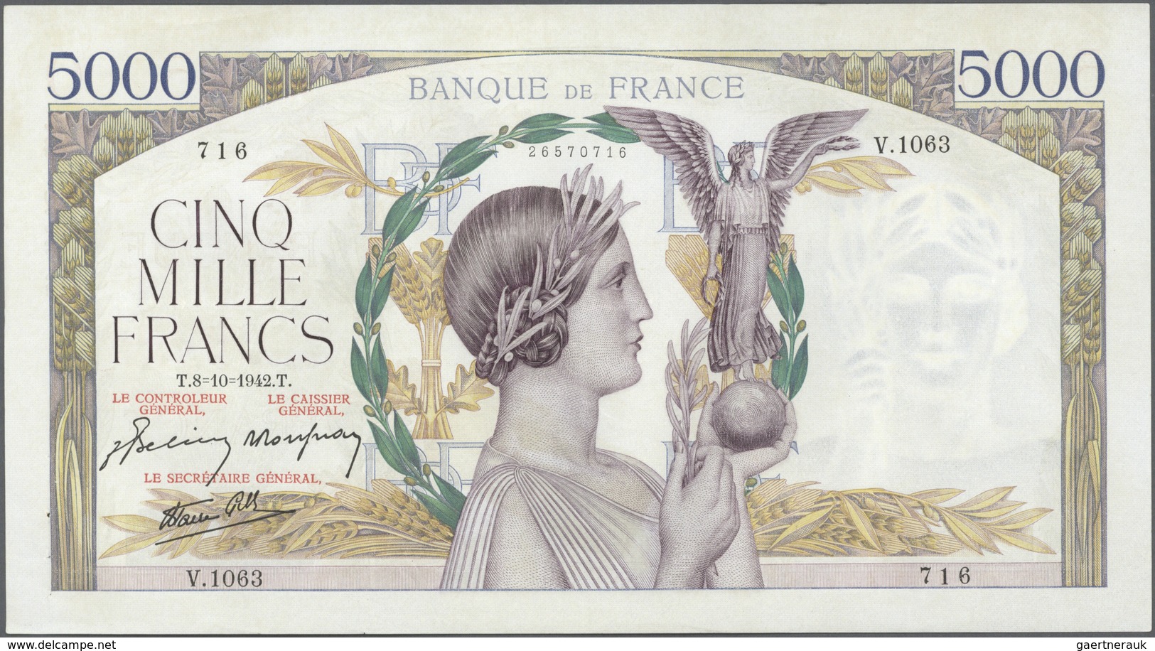 France / Frankreich: large lot of 25 MOSTLY CONSECUTIVE notes of 5000 Francs "Victoire" 1943 P. 97 n