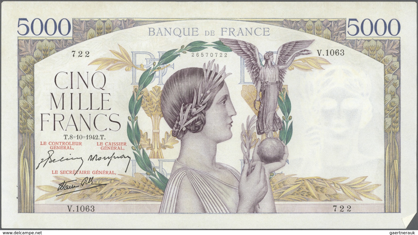 France / Frankreich: large lot of 25 MOSTLY CONSECUTIVE notes of 5000 Francs "Victoire" 1943 P. 97 n