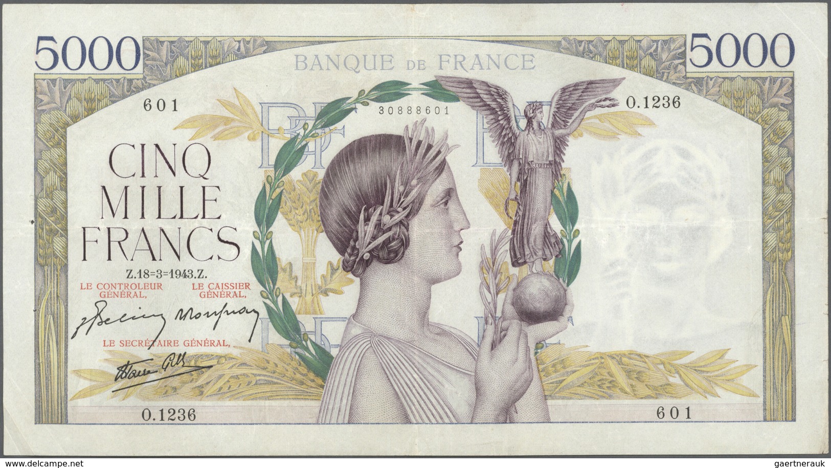 France / Frankreich: set of 22 notes 5000 Francs 1939-43 "Victoire" P. 97, all notes used with folds