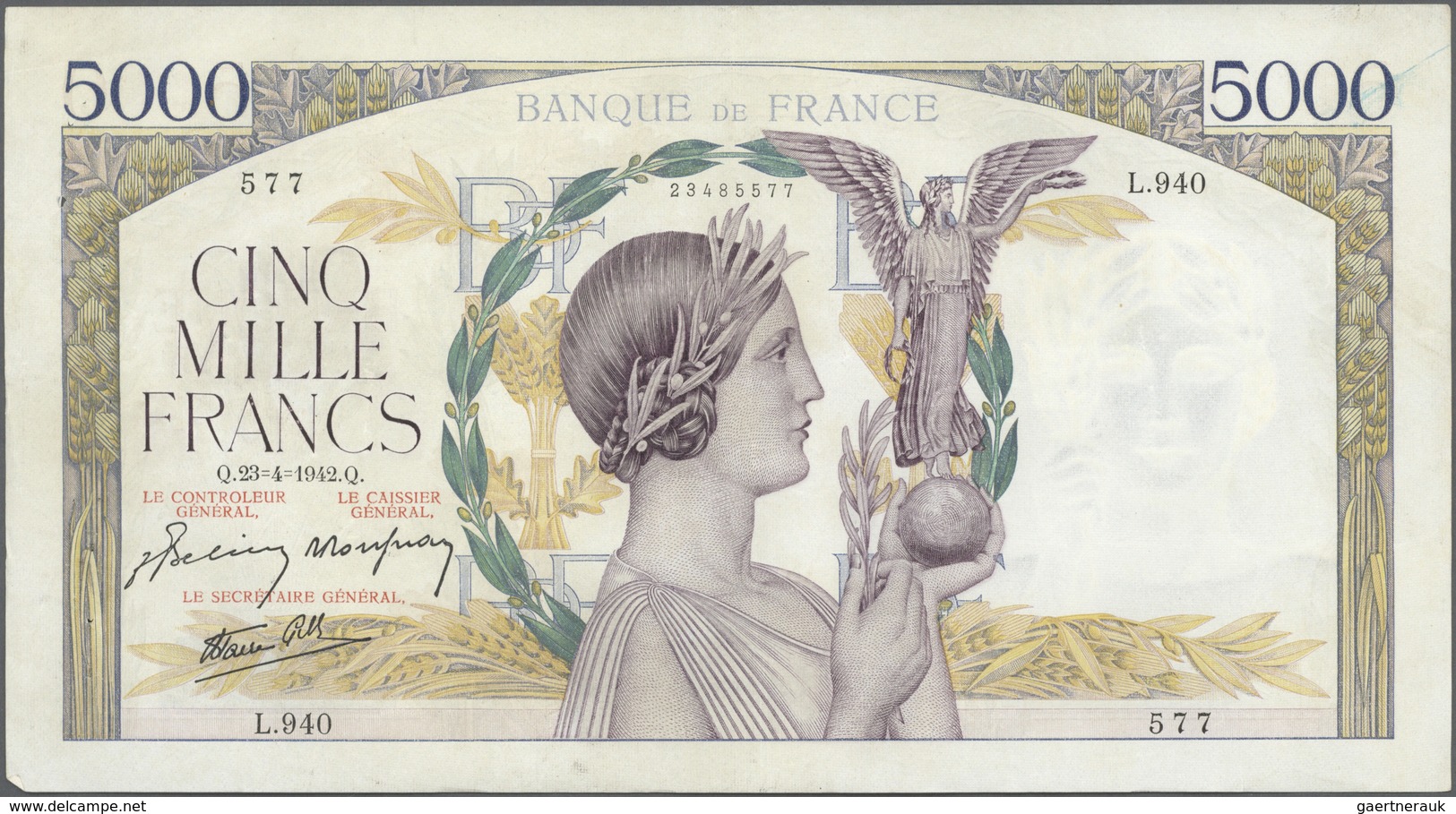 France / Frankreich: set of 22 notes 5000 Francs 1939-43 "Victoire" P. 97, all notes used with folds