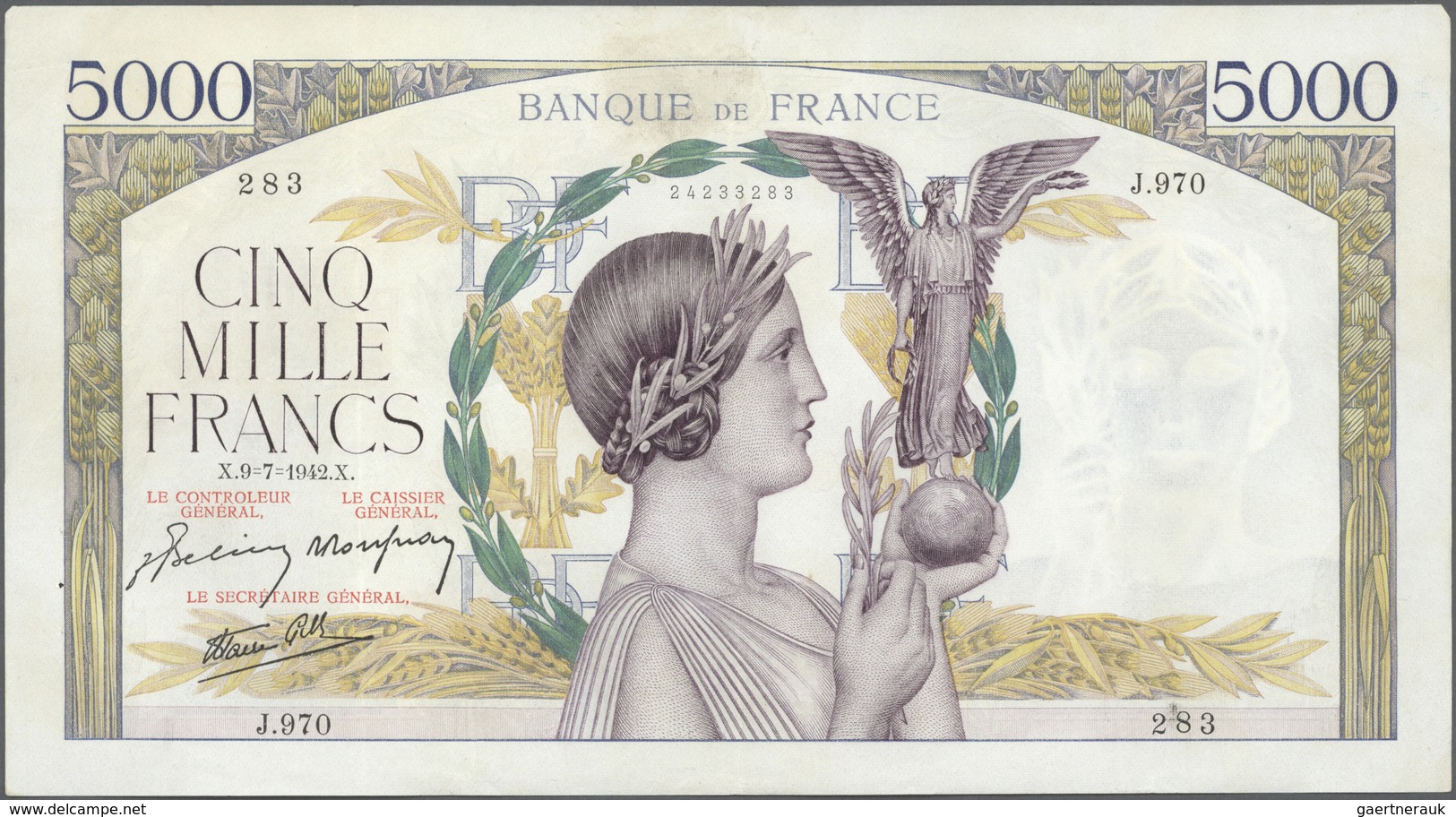 France / Frankreich: set of 22 notes 5000 Francs 1939-43 "Victoire" P. 97, all notes used with folds