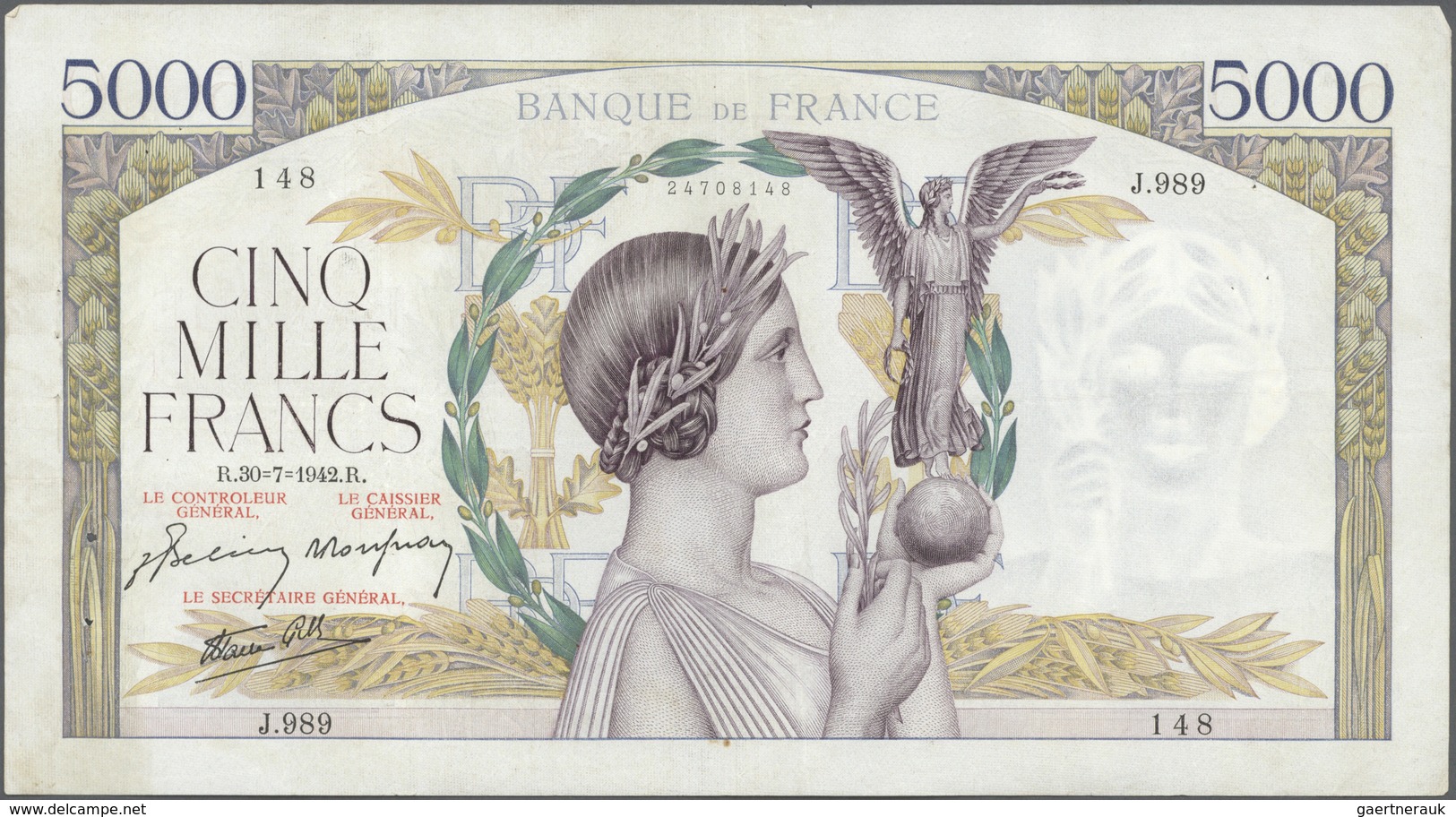 France / Frankreich: set of 22 notes 5000 Francs 1939-43 "Victoire" P. 97, all notes used with folds