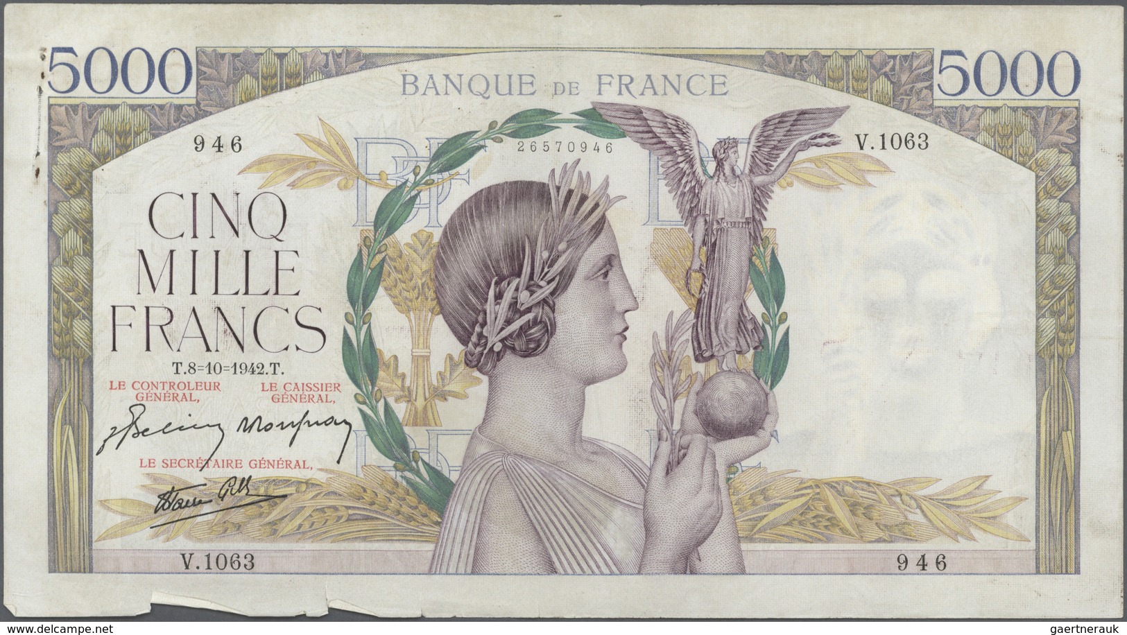 France / Frankreich: Large Lot Of 10 CONSECUTIVE Notes Of 5000 Francs "Victoire" 1942 P. 97 Numberin - Otros & Sin Clasificación