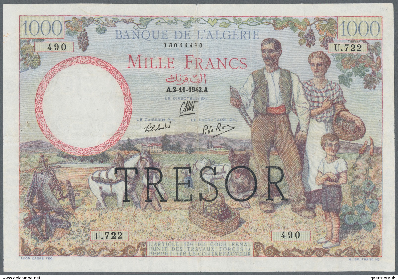 France / Frankreich: Trésor Central 1000 Francs 1942, Overprint "TRESOR" On Algeria #89, P.112b, Iss - Andere & Zonder Classificatie