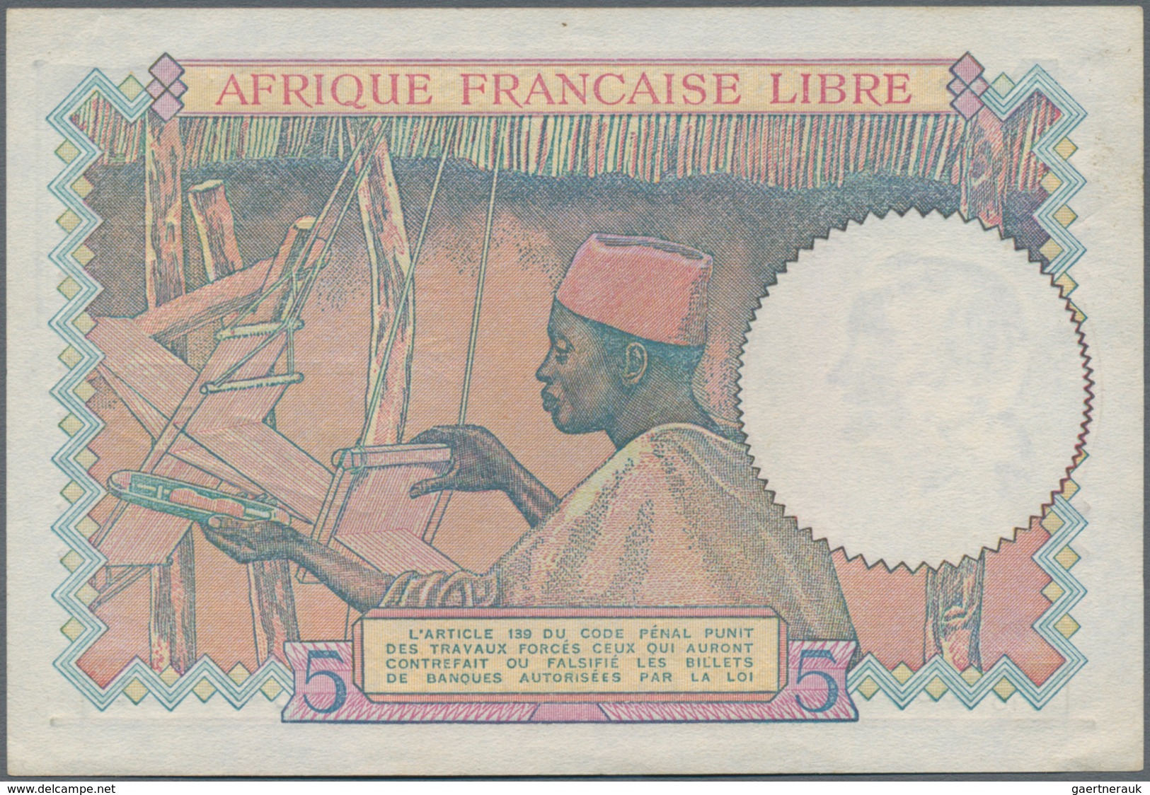 French Equatorial Africa / Französisch-Äquatorialafrika: Afrique Française Libre 5 Francs ND(1941), - Guinea Ecuatorial