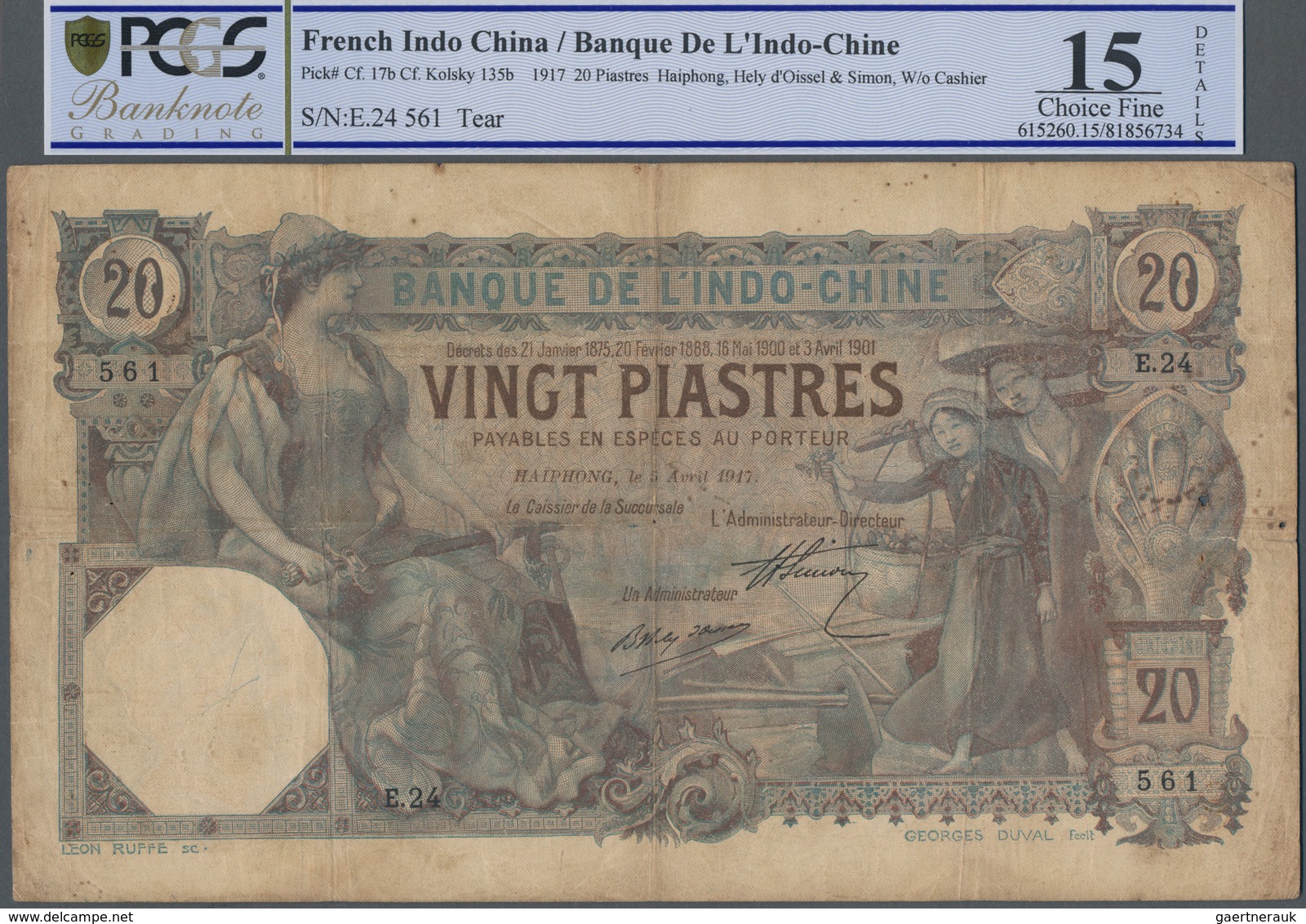 French Indochina / Französisch Indochina: Banque De L'Indochine 20 Piastres 1917, HAIPHONG Branch Wi - Indochina