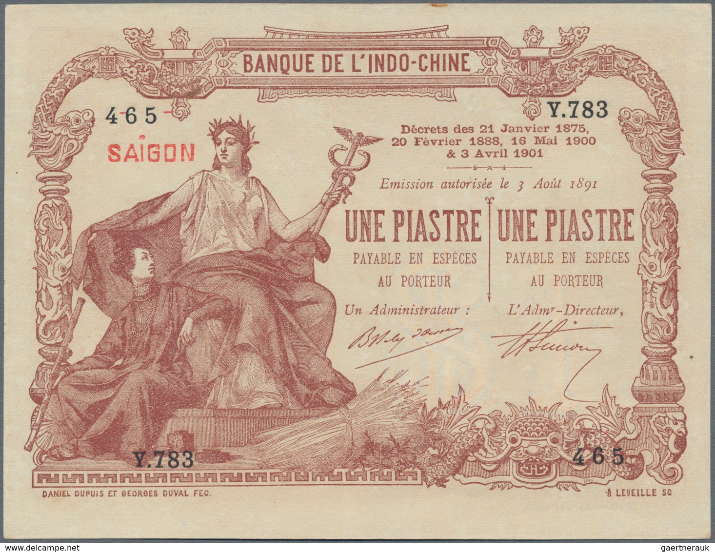 French Indochina / Französisch Indochina: Banque De L'Indo-Chine – Saïgon 1 Piastre D. 21.01.1875, 2 - Indochina