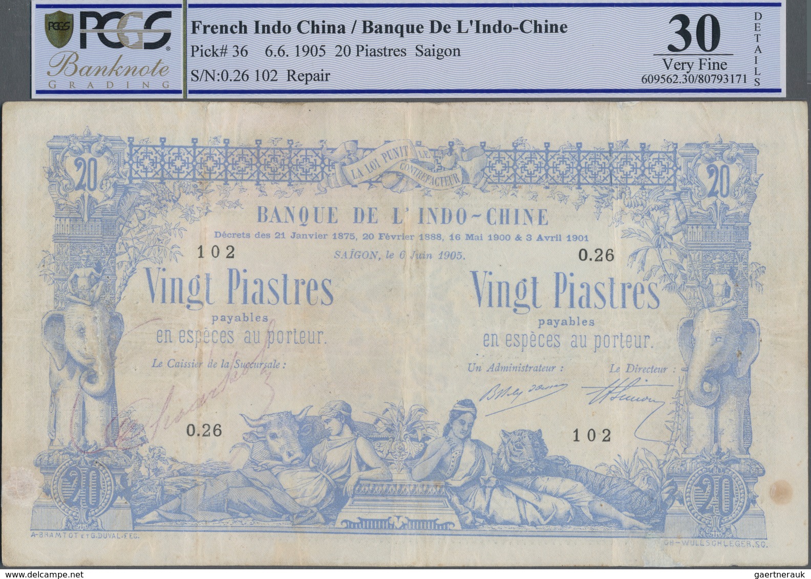 French Indochina / Französisch Indochina: Banque De L'Indo-Chine – Saïgon 20 Piastres 1905, P.36, Ve - Indochina