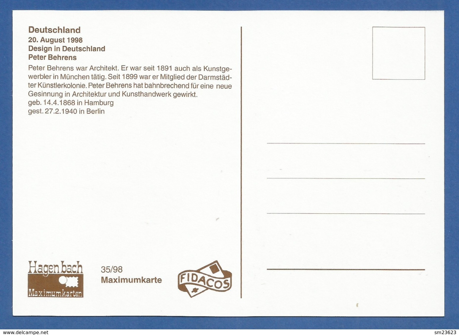 BRD 1998  Mi.Nr. 2001 , Peter Behrens - Design In Deutschland - Hagenbach Maximum Card - Stempel Bonn 20.08.1998 - Other & Unclassified