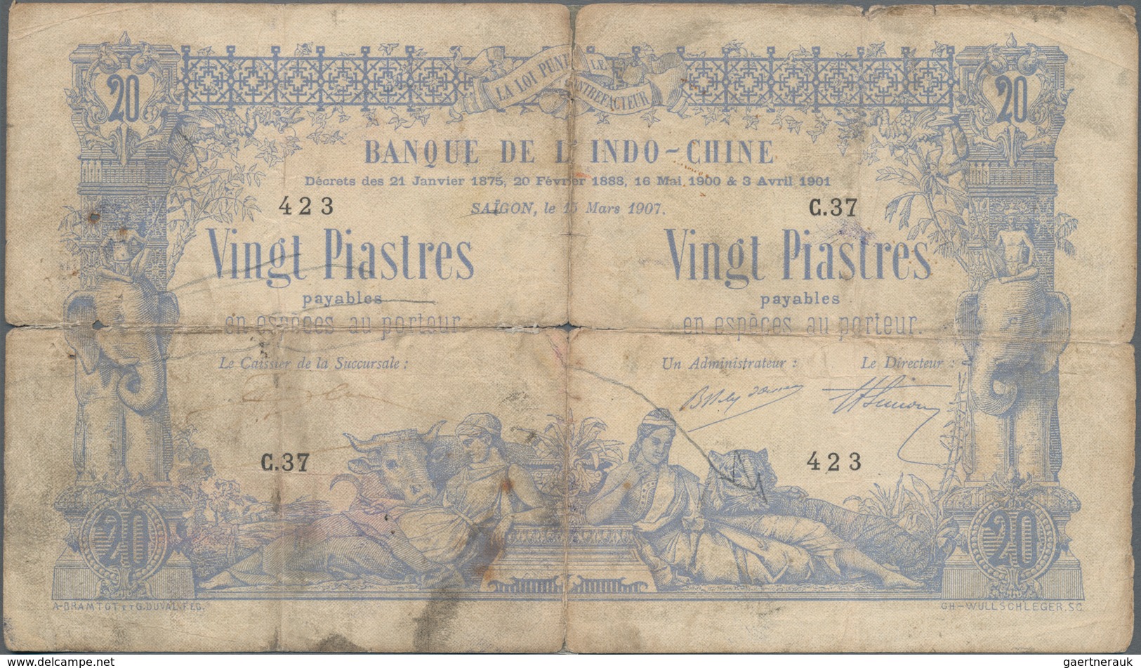 French Indochina / Französisch Indochina: Banque De L'Indo-Chine – Saïgon 20 Piastres 1907, P.36, Al - Indochina