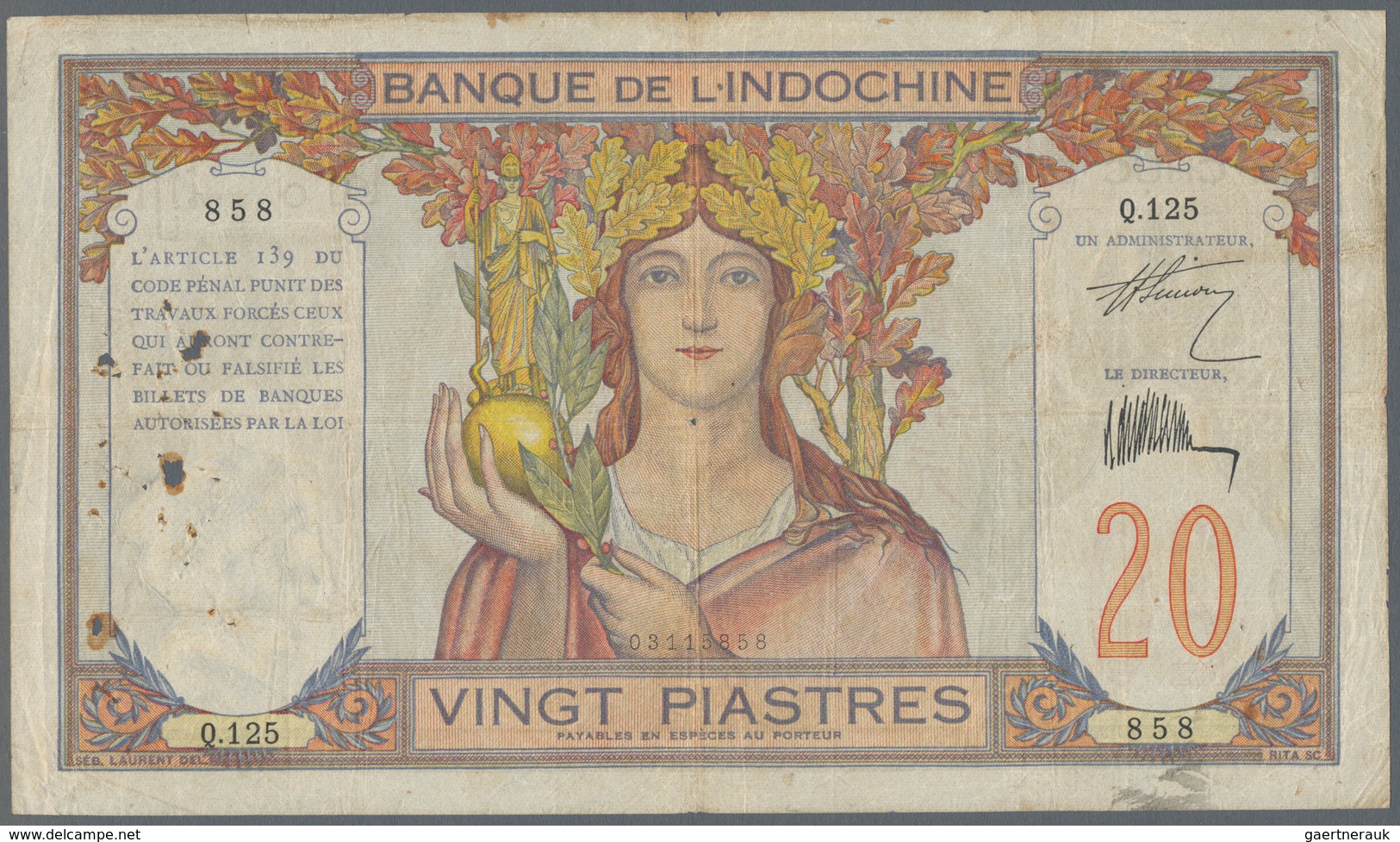 French Indochina / Französisch Indochina: Banque De L'Indochine 20 Piastres ND(1928-31), P.50, Large - Indochina
