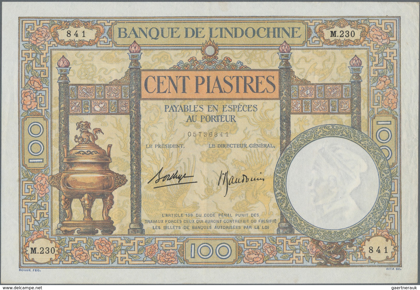 French Indochina / Französisch Indochina: Banque De L'Indochine 100 Piastres ND(1925-39) With Signat - Indochina