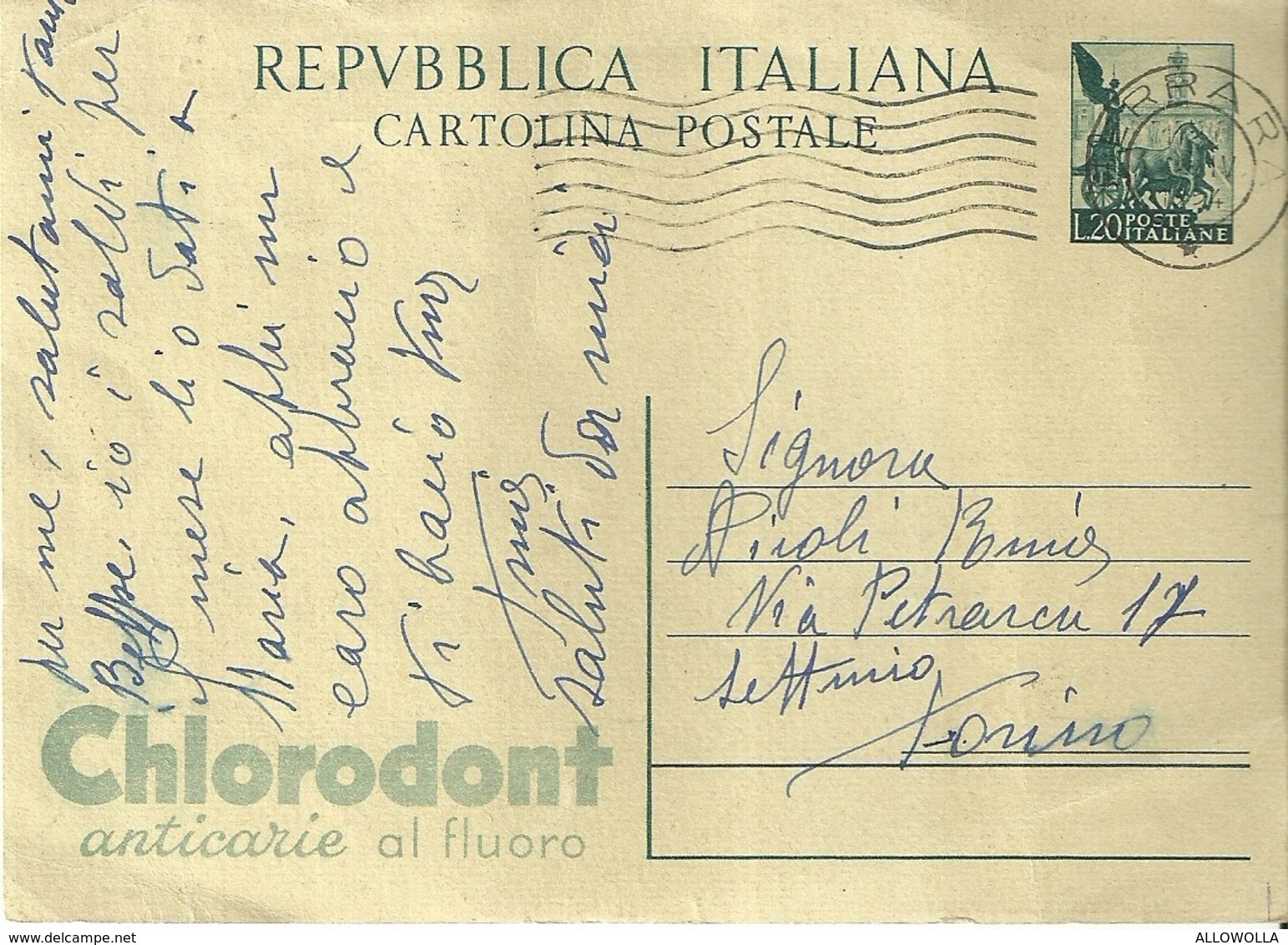 5210 "1951-QUADRIGA-CON TASSELLO BASSO A SINISTRA,VERDE-LIRE 15-CHLORODONT " -CART. POST. ORIG. SPED.1951 - Interi Postali