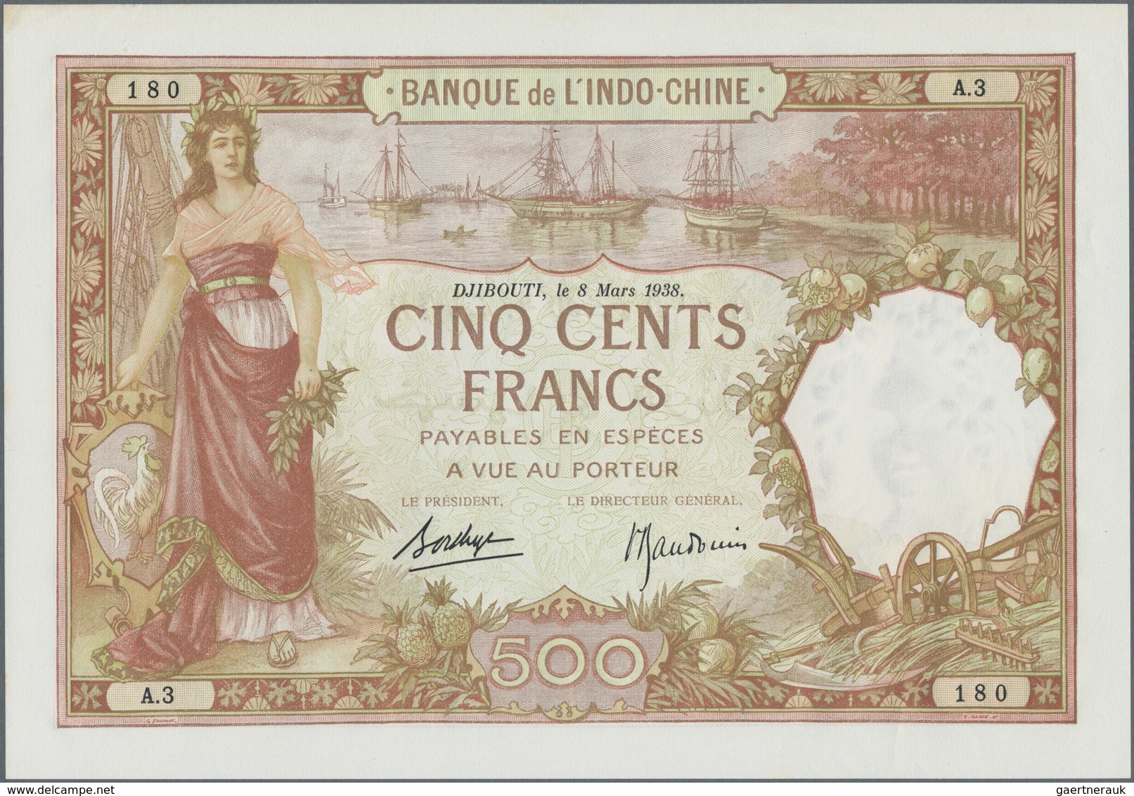 French Somaliland / Französisch Somaliland: Banque De L'Indo-Chine 500 Francs March 8th 1938, P.9b, - Otros – Africa