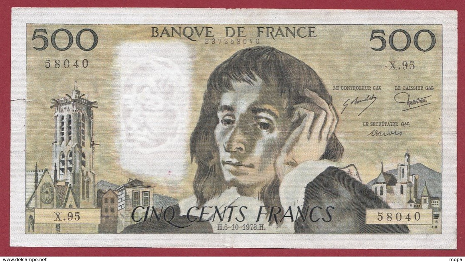 500 Francs "Pascal" Du 05/10/1978.H --- F/TTB+---ALPH  X.95---COUPURE A 14H45 - 500 F 1968-1993 ''Pascal''