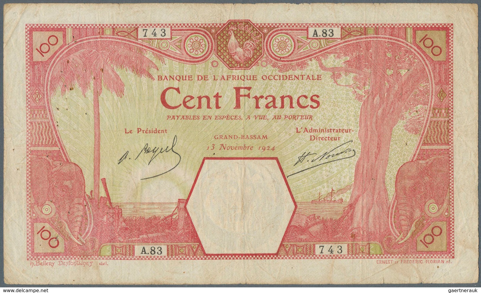French West Africa / Französisch Westafrika: 100 Francs 1924 GRAND-BASSAM P. 11Dd, Used With Folds A - Estados De Africa Occidental