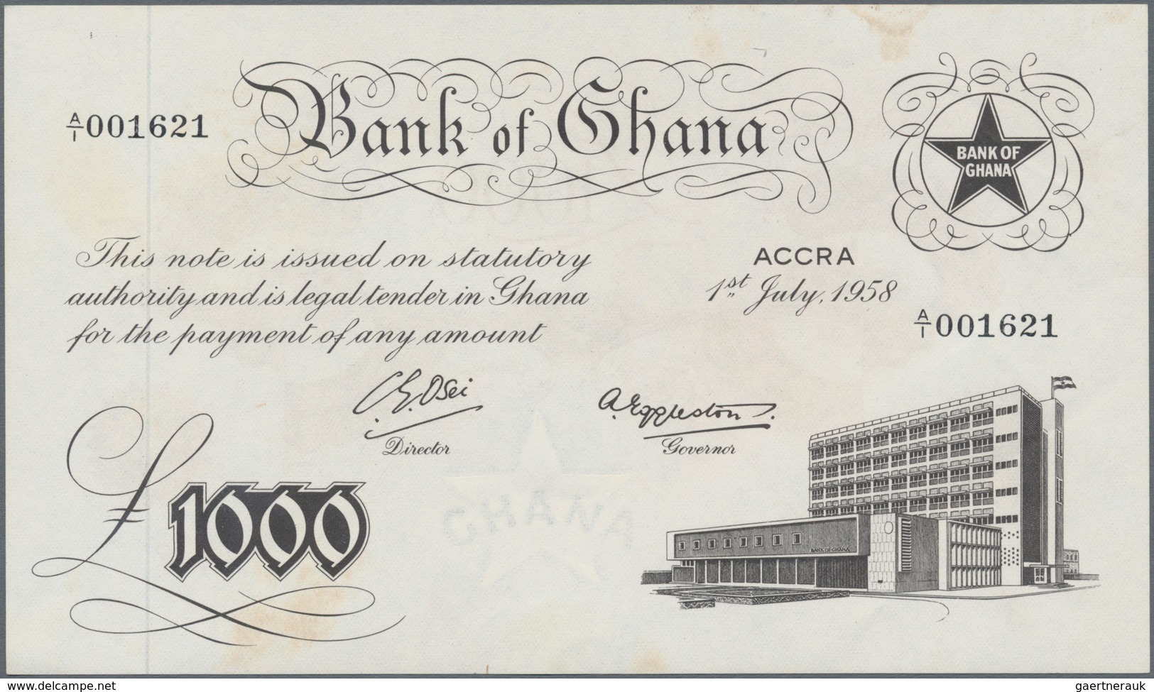 Ghana: Bank Of Ghana 1000 Pounds 1958, P.4, Unfolded With A Few Minor Creases And Tiny Spots. Condit - Ghana