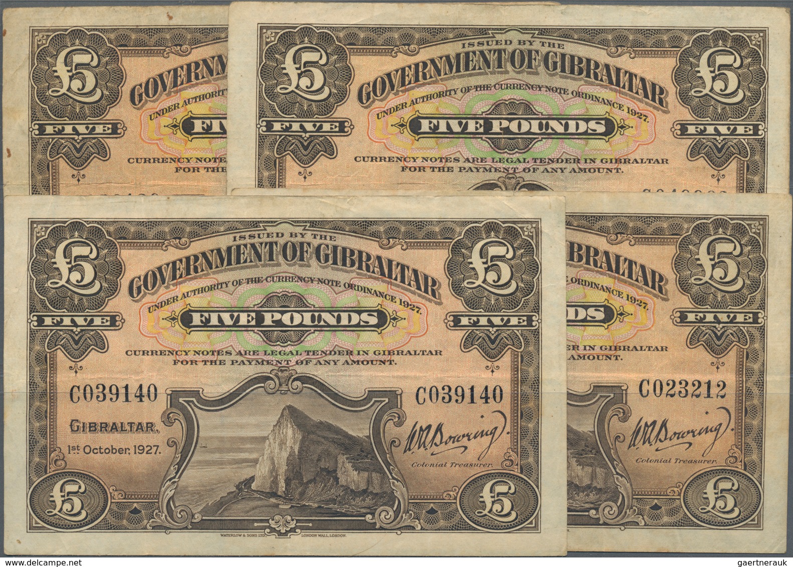 Gibraltar: Highly Rare Set Of 4 Banknotes 5 Pounds 1927, P.13, First Issue Of This Note Printed By W - Gibraltar